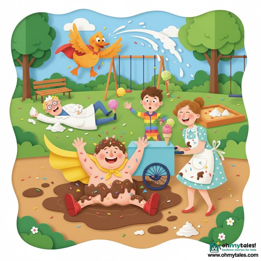 Man, Captain Wobblebottom, round smiling face, joyful surprised expression, bright yellow cape, huge red boots stuck in a brown mud puddle, covered in chocolate ice cream and colorful sprinkles, flailing arms trying to get free; woman, Sally Splat, ice cream vendor in a pastel polka‑dot dress and stained apron, holding the handle of a sky‑blue ice cream cart beside the puddle, laughing at the Captain; boy, Speedy Sprinkles, about 14, shimmering rainbow costume, blurred in motion behind the cart, surprised as scoops of ice cream fly around him; superhero duck Quacky Quackerson, bright orange plumage and small orange cape, flapping above and scattering dollops of cream; clumsy Professor Fizzlepop in an oversized white coat and crooked glasses lying on the ground with whipped cream on his face; setting: colorful Giggleville park with paper‑cut green trees, bench, sandbox, swings and a textured ground strewn with sprinkles and cream; main situation: comic chaos of an ice‑cream rescue—Captain stuck in mud, friends frantically helping, flying ice cream and visible laughter.