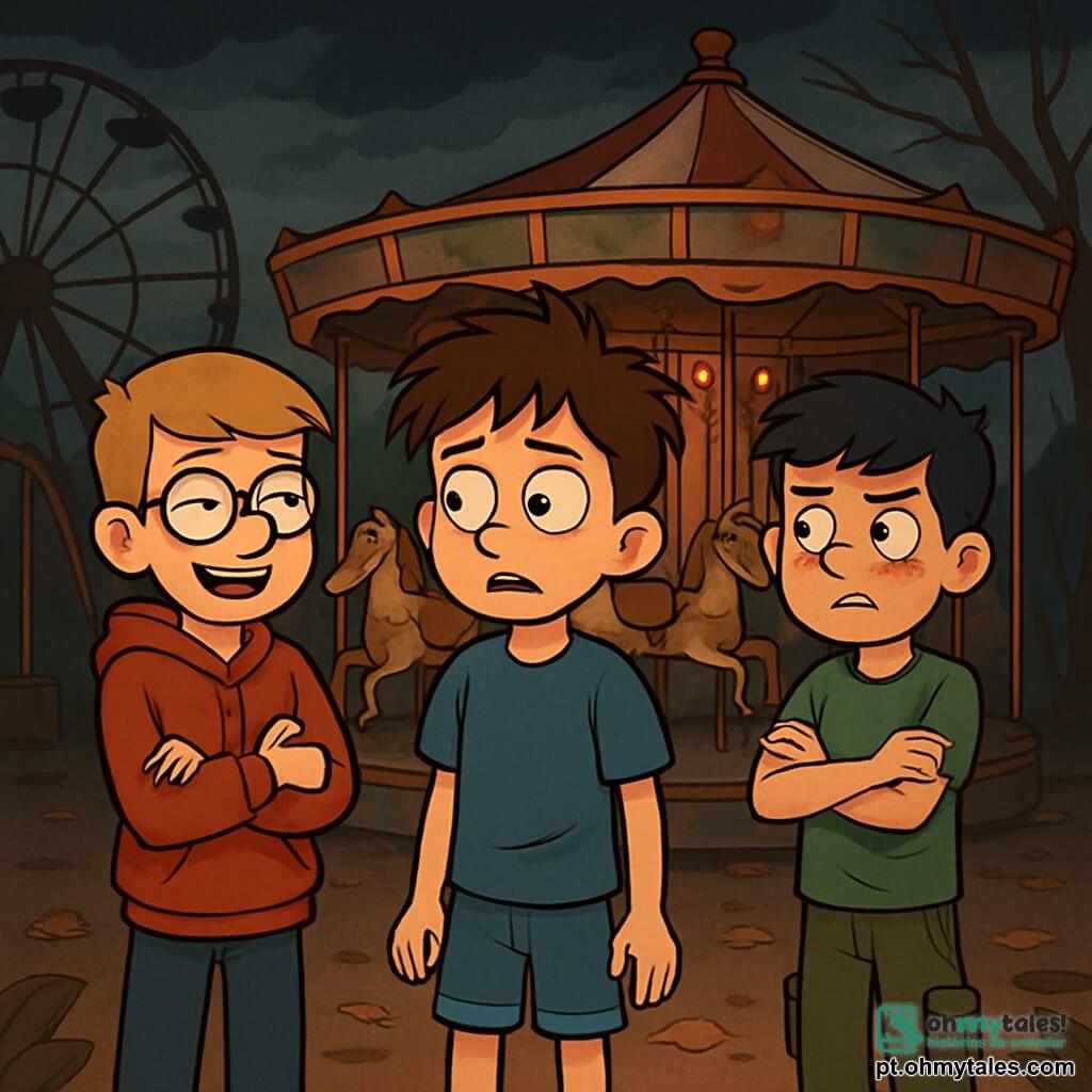 Há 3 personagens: Guilherme: um garoto de 12 anos, com cabelos castanhos bagunçados e olhos curiosos. Ele usa uma camiseta azul e um short de jeans, está no centro, olhando para o carrossel com uma expressão de preocupação. Rafa: um garoto de 12 anos, com cabelos loiros e lisos, usando óculos redondos. Ele está à esquerda de Guilherme, com um sorriso zombeteiro, mas seus olhos revelam um leve medo. Ele veste um moletom vermelho. Lucas: um garoto de 12 anos, com cabelos negros e sardas no rosto. Ele está à direita de Guilherme, com os braços cruzados e uma expressão preocupada. Ele usa uma camiseta verde e uma calça cargo. O local é um parque de diversões abandonado, com brinquedos enferrujados e cores desbotadas pelo tempo. O carrossel no centro, decorado com cavalos de madeira de cores desbotadas, gira lentamente, emitindo um rangido sinistro. Folhas secas cobrem o chão, e sombras dançam entre as estruturas em ruínas sob um céu tempestuoso. A situação principal mostra os três amigos diante do carrossel misterioso, com os rostos iluminados por uma luz estranha. Guilherme parece hesitante, enquanto Rafa tenta fazer piadas para esconder seu medo, e Lucas observa ao redor, preocupado com os sons estranhos que ecoam no ar.