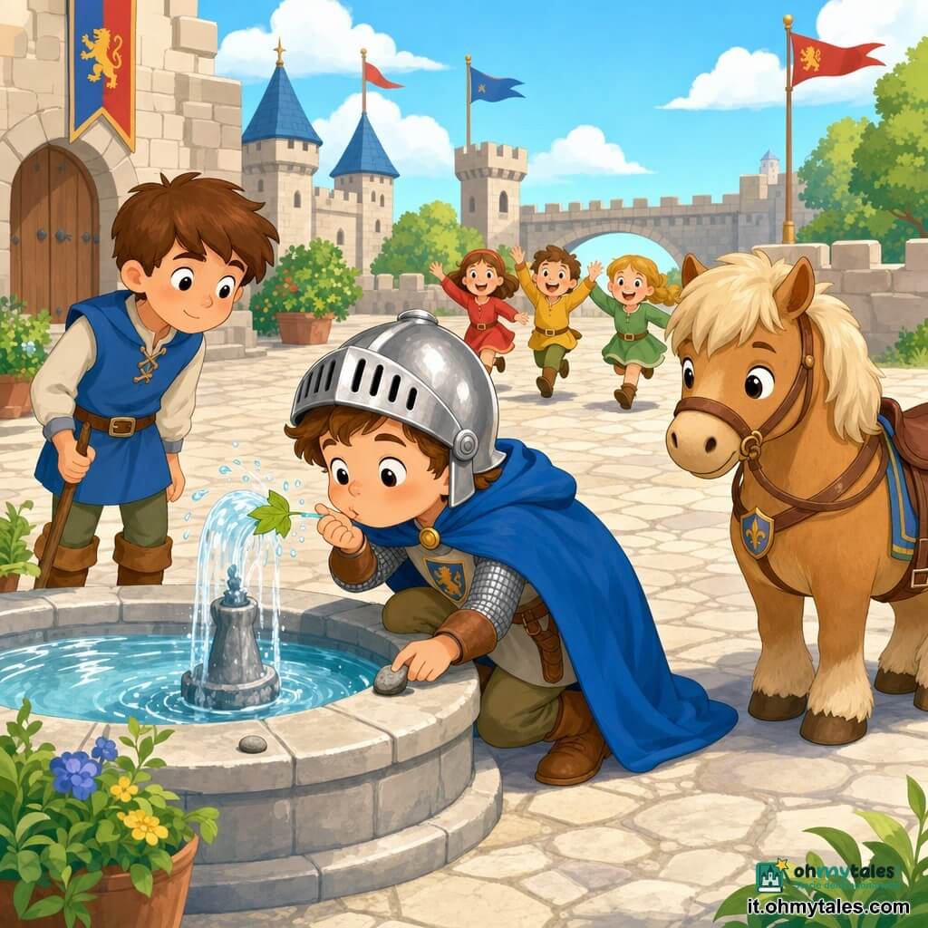 Sir Lino, giovane cavaliere inginocchiato e sorridente, toglie un piccolo sasso da una fontana di pietra mentre soffia una foglia dal beccuccio per far zampillare gocce d'acqua; accanto a destra Piuma, cavallo piccolo e robusto, sellato senza cavaliere, e a sinistra un paggio di circa 10 anni con un bastoncino; sullo sfondo tre bambini di 5–7 anni corrono gioiosi con abiti colorati; corte del castello in pietra grigia con grande fontana rotonda, atmosfera mattutina luminosa, colori vivaci ma palette pastello, forme semplici e texture piatte.