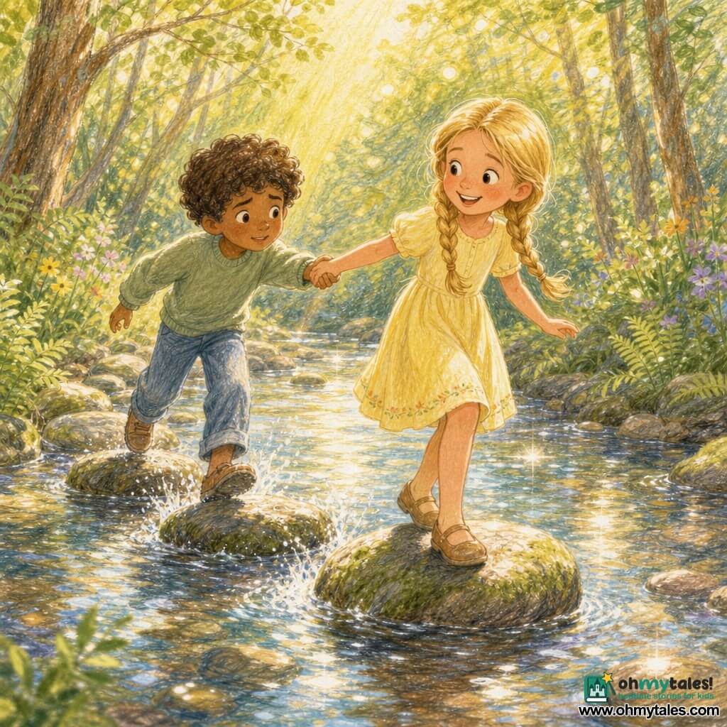Two children, 8-year-old Lily with shiny braided blonde hair in a pale yellow dress standing on a large rock in the middle of a sparkling blue-silver river, reaching forward with a big smile, and 8-year-old Theo with curly brown hair in a pale green sweater on a slippery stone behind her, hesitant but taking Lily’s hand with a worried face softening; round mossy stepping stones form a path, banks lined with ferns and wildflowers, tall trees letting golden rays through; they cross unstable stones as Lily helps Theo, in a soft, bright atmosphere with joyful splashes, rising trust, warm colors and visible crayon-like textures.