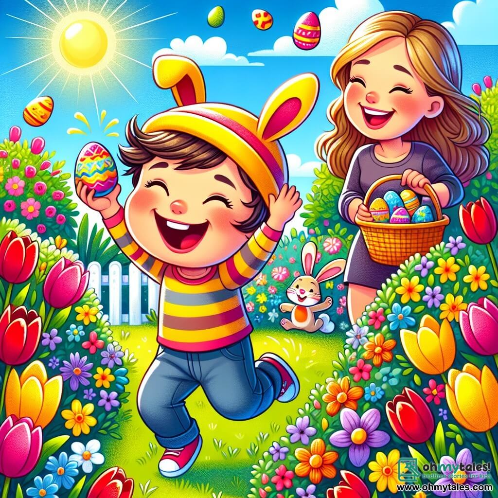 A 4-year-old boy, Max, with messy brown hair and a big smile, is wearing a yellow hat with bunny ears. He is joyfully jumping in a colorful garden, arms raised, surrounded by vibrant flowers. Next to him, his mom, a woman in her thirties with long blonde hair, smiles while holding a basket filled with decorated eggs, standing slightly back to encourage Max in his quest. The garden is in full bloom with red tulips, yellow daffodils, and violets, while the sun shines in a clear blue sky. The scene shows Max discovering a shiny egg hidden under a bush, with a look of wonder on his face, as an adorable stuffed bunny, the Easter bunny, appears behind a tree, ready to help them in their egg hunt.