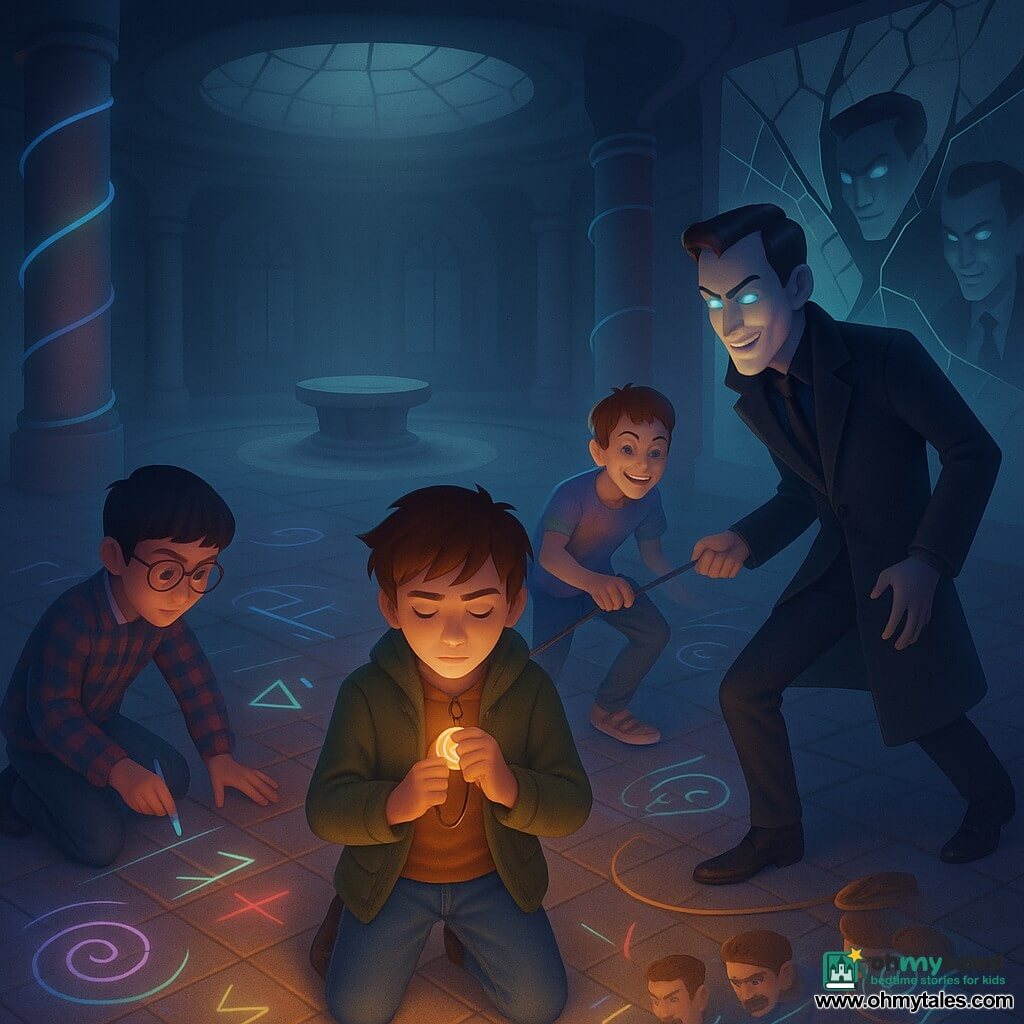 Four characters in an underground circular chamber beneath a public square with worn tiled floor, cable-wrapped pillars and a cracked glass ceiling letting pale light and dust rays in: Milo, 12, messy brown hair, khaki jacket, kneeling center, clutching a small bronze coin on a cord to his chest and staring at it determinedly; Jace, 12, black hair, round glasses, plaid shirt, drawing precise numbers and geometric lines in white marker on the tiles left of Milo; Rafi, 12, short hair, provocative grin, colorful T‑shirt, energetically adding faces and eyes with white chalk while slightly right, pulling a cable to hold back Mr. Vant; Mr. Vant, adult 30–40, perfect dark coat, styled hair, cold smile, pale face with screen‑bright eyes, retreating toward a cracked mirror that multiplies his reflections as he loses the coin. The central dramatic confrontation: Milo raises the coin and chalk drawings on the floor light up into colorful spirals, arrows and eyes, pushing back the cold uniform light; composition centers on Milo and the coin with a diagonal tension toward the cracked mirror, urban‑fantastical atmosphere, clear contrasted textures and softened neon colors.