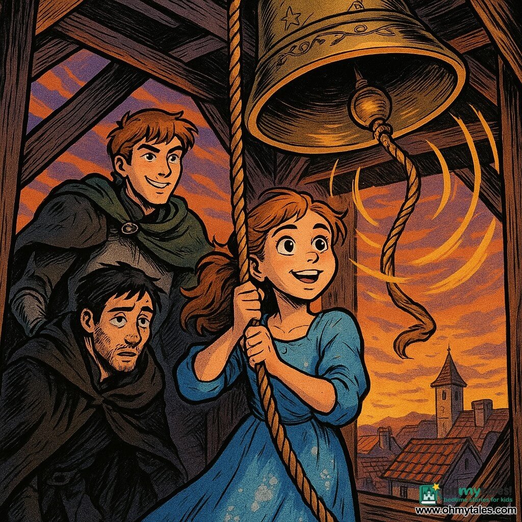 The princess (about 12) stands center, soft determined face, sky-blue dress dusted with flour, gripping the bell rope with both hands, muscles tense and posture luminous; Prince Rowan (about 15) stands behind with a lopsided smile, light armor and rumpled green cape, hand on the rope in support and a protective look; Sable, the old messenger (mid-20s), stands left, tired but moved, dark coat draped on his shoulders, eyes shifting from the ground to the bell; they are atop an old wooden bell tower with exposed beams and a rough rope, a large patinated bronze bell engraved with tiny stars and vines, twilight sky orange and purple and village roofs below; the princess and prince pull together as the bell begins to ring, golden sound waves spiral out and gently illuminate the surrounding faces, creating a warm, hopeful atmosphere.
