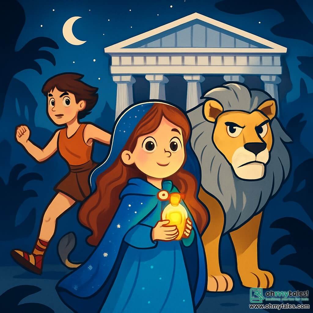 Thaleia, a young girl with long wavy hair, wears a shimmering blue cape that sparkles like the moon. Her face shows both determination and wonder as she stands proudly at the center of the image, holding a small vial of golden light in her hands. Beside her is Courage, a majestic lion with a silver mane and golden eyes, standing protectively with a proud and vigilant gaze. A little behind, Atalanta, an agile young woman around 20 with short hair and ancient athletic clothing, runs gracefully, ready to assist Thaleia. The scene takes place in the heart of Athens, in front of the grand Parthenon, where white columns rise majestically under a starry sky. Dark shadows stretch around them, creating a magical yet unsettling atmosphere. Thaleia, Courage, and Atalanta form a brave trio, united to fight the threatening shadows that seek to seize light and hope.