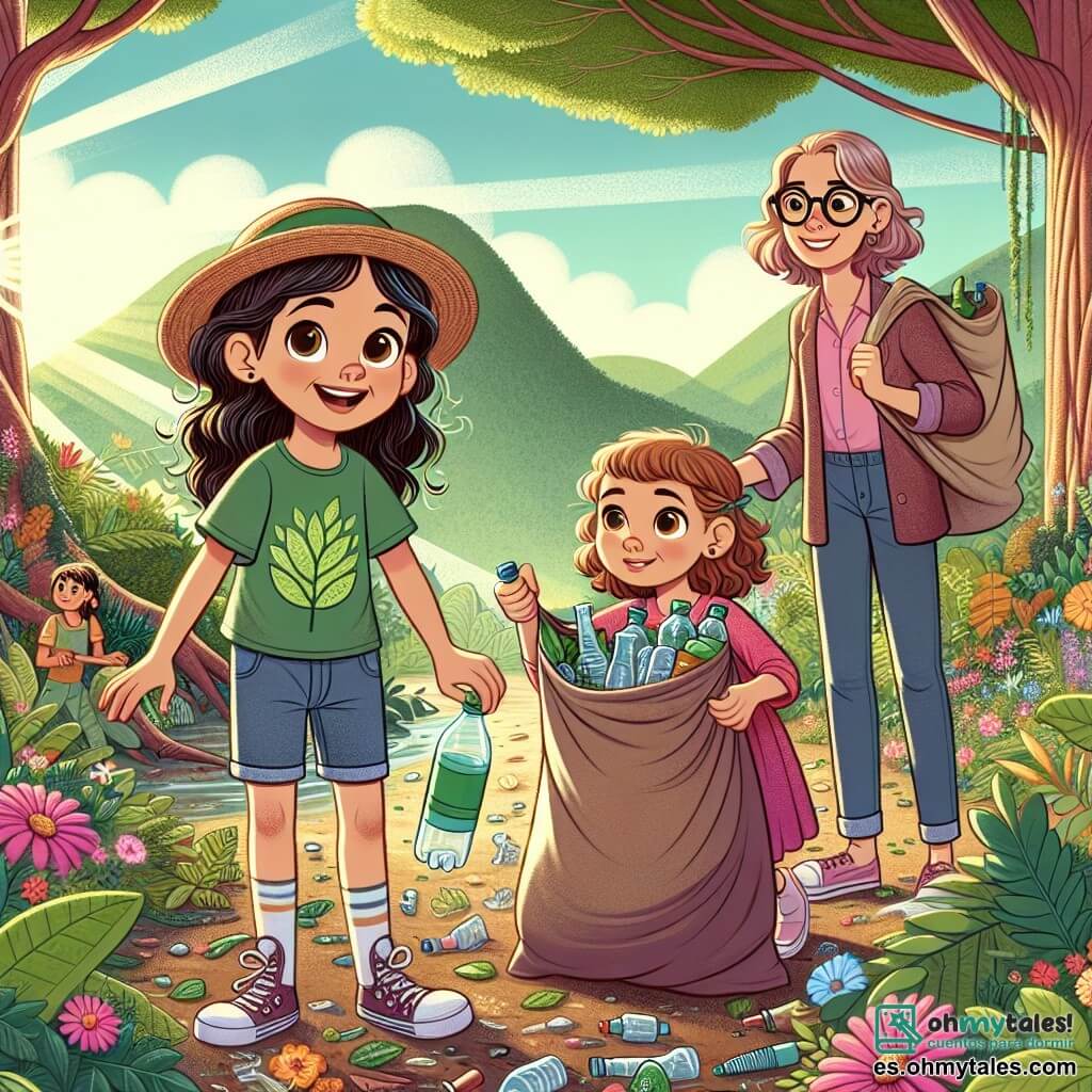 Una niña de 7 años, llamada Sofía, está en el centro de la imagen, con grandes ojos brillantes de curiosidad y una amplia sonrisa. Lleva una camiseta verde con un diseño de hoja, un short de mezclilla y un sombrero de paja. Sofía está agachada recogiendo una botella de plástico del suelo, rodeada de flores coloridas y hojas verdes. A su lado, su mejor amiga Valeria, también de 7 años, tiene el cabello rizado y lleva un vestido rosa. Sostiene una gran bolsa de tela llena de basura que ha recogido, con una expresión decidida. Al fondo, la profesora Clara, una mujer de unos 30 años con gafas y una sonrisa cálida, observa a los niños mientras sostiene un cartel que dice "Cuidemos la naturaleza". La escena transcurre en la hermosa reserva natural de Ecopaz, donde grandes árboles se elevan hacia el cielo y los rayos de sol iluminan el suelo cubierto de flores silvestres y pequeños animales escondidos en los arbustos. Sofía y Valeria están en plena acción, recogiendo basura en la reserva, con expresiones de alegría y orgullo, mostrando su compromiso de proteger la naturaleza y concienciar a otros sobre la importancia de la ecología.