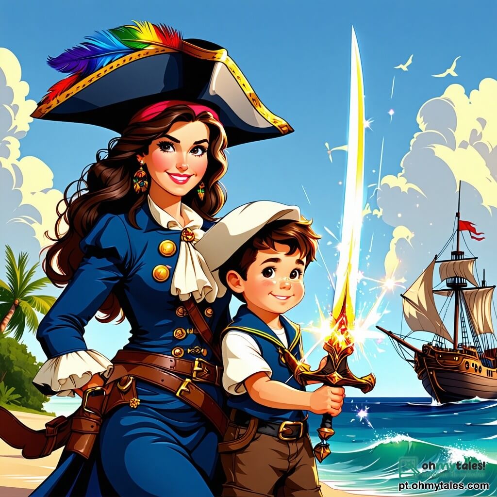 A cena mostra a capitã Valentina, uma mulher corajosa de cerca de 30 anos, com longos cabelos castanhos ao vento, usando um chapéu de pirata decorado com uma pena colorida. Seu rosto é marcado por um sorriso determinado, e ela empunha uma espada brilhante, pronta para defender seu tesouro. Ao seu lado, o jovem marinheiro Pedro, um garoto de 12 anos, com cabelos desgrenhados e olhos brilhantes de curiosidade, segura um mapa do tesouro nas mãos, olhando para Valentina com admiração. Ele está levemente para trás, mas seu entusiasmo é palpável. Ao fundo, o cenário é uma ilha tropical exuberante, com palmeiras balançando suavemente, rochas íngremes e um mar turquesa cintilante. O céu é de um azul brilhante, salpicado de algumas nuvens brancas fofas. A situação principal mostra Valentina e Pedro descobrindo um velho baú de madeira enterrado na areia, cercado por moedas de ouro e joias brilhantes, enquanto um arco-íris se forma acima deles, simbolizando sua vitória e espírito de aventura.