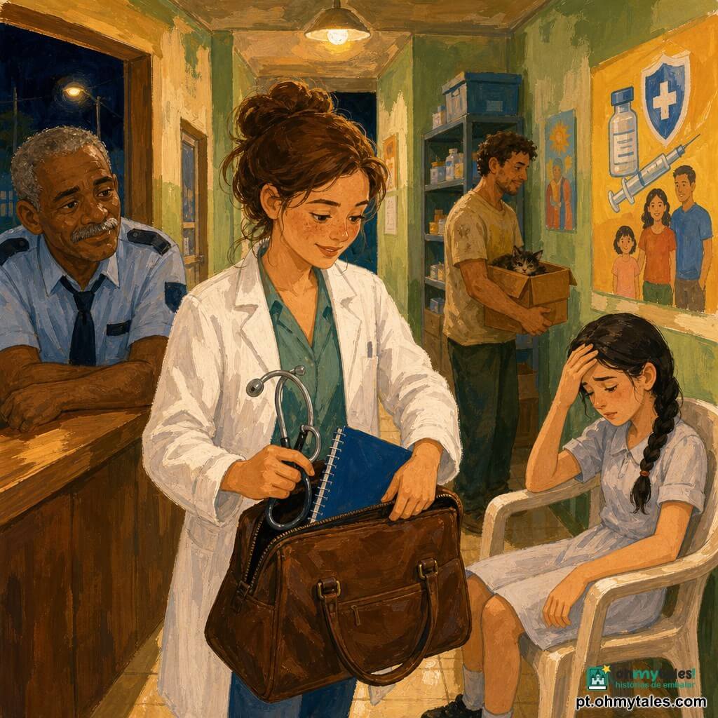 A Dra. Lina, médica jovem e sorridente, rosto redondo com sardas, cabelo castanho preso em coque desalinhado, de jaleco branco levemente amarrotado, segura um estetoscópio prateado e um caderno azul enquanto fecha sua pasta médica de couro marrom; Seu Davi, segurança de cerca de 60 anos, pele escura e bigode grisalho, apoia-se num balcão de madeira na porta do posto de saúde e observa-a com olhar cansado porém benevolente; uma aluna de ~12 anos, pele pálida, cabelos negros em trança e roupa escolar clara, está sentada numa cadeira plástica à direita com a mão na testa; ao fundo, um voluntário do abrigo animal de ~30 anos, camiseta empoeirada, segura uma pequena caixa perto de uma estante; o cenário é o corredor noturno de um posto de saúde de bairro com paredes pistache desgastadas, cartazes coloridos de prevenção, iluminação halógena quente, piso de azulejo bege brilhante e um grande cartaz de vacinação à direita — a Dra. Lina prepara calmamente seu equipamento para sair ajudar vários locais na cidade, atmosfera de vigília noturna, gestos precisos e esperança contida.