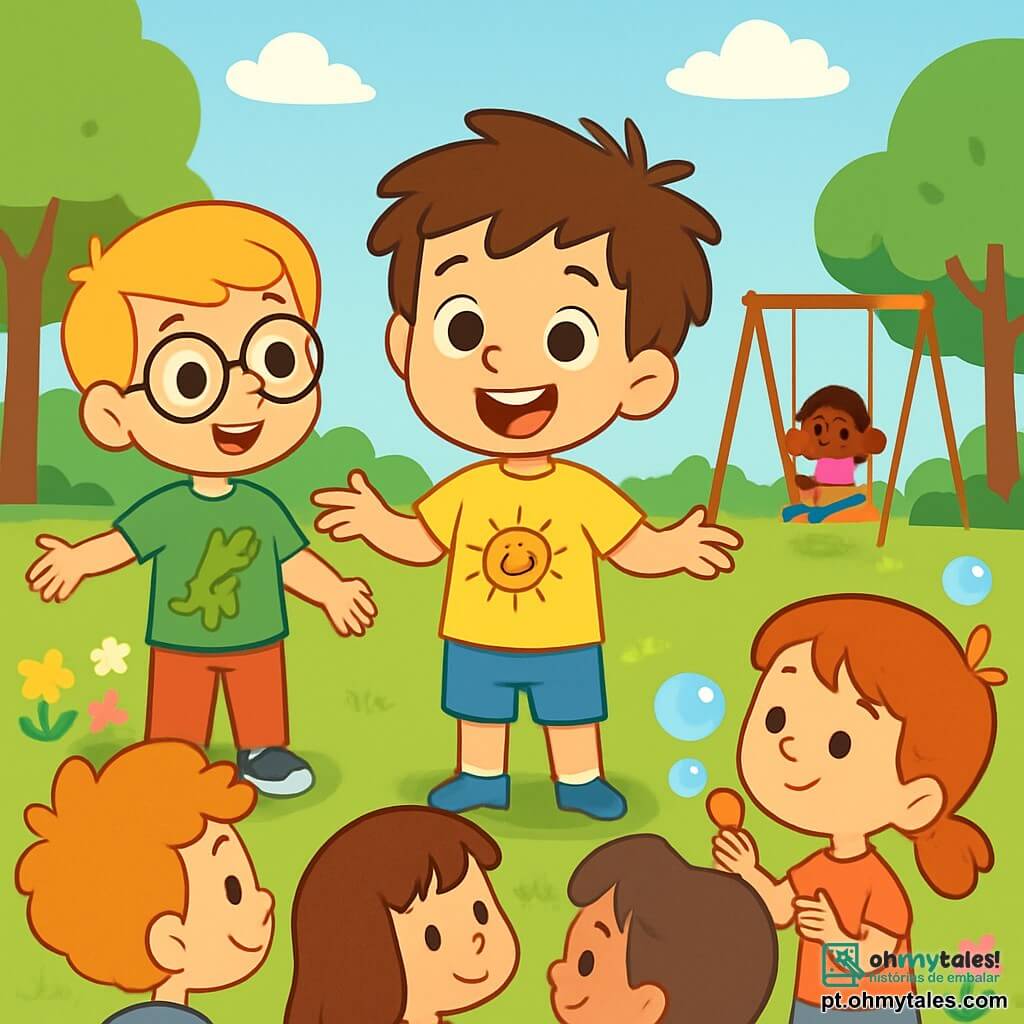 Há 2 personagens principais: Léo, um garoto de 4 anos com cabelo castanho bagunçado e olhos brilhantes, vestido com uma camiseta amarela com um sol sorridente e um short azul, está no centro da imagem com um sorriso corajoso. Tom, também de 4 anos, tem cabelo loiro e óculos redondos, usa uma camiseta verde com um dinossauro e uma calça vermelha, e está à esquerda de Léo, com um olhar encorajador e os braços abertos, pronto para apoiar o amigo. A cena acontece em um parque ensolarado, cheio de flores coloridas e árvores verdes, com crianças brincando, balanços se balançando e um céu azul com nuvens brancas. A situação principal mostra Léo conversando animadamente com um grupo de crianças, explicando que tem uma pequena doença, mas está sempre disposto a brincar e se divertir, enquanto as crianças o escutam atentamente, algumas sorrindo e outras fazendo bolhas de sabão, criando uma atmosfera alegre e amigável.