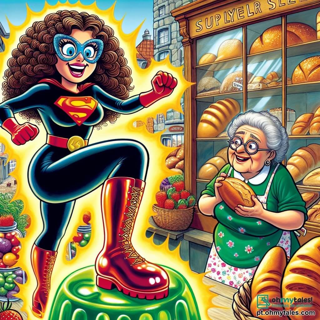 Super-Pateta, uma mulher de cabelos cacheados e coloridos, usa um traje brilhante e excêntrico, com uma capa que parece pronta para voar. Ela tem um sorriso travesso e olhos brilhantes de determinação, enquanto escorrega em seu pé de gelatina. Dona Rosa, uma mulher idosa de cerca de 60 anos, com óculos redondos e um avental florido, está ao seu lado, segurando um pão francês quentinho, com uma expressão de preocupação no rosto. O cenário é uma charmosa padaria, com prateleiras cheias de pães dourados, croissants crocantes e bolos coloridos, enquanto uma vitrine de vidro exibe deliciosas confeitaria. A cena principal mostra Super-Pateta tentando deter o vilão Alface Mecânico, um personagem verde e engraçado, que ri alto enquanto ameaça transformar os pães em saladas. Os dois personagens estão no centro da imagem, criando uma cena cômica e dinâmica, cheia de cores vivas e detalhes divertidos.