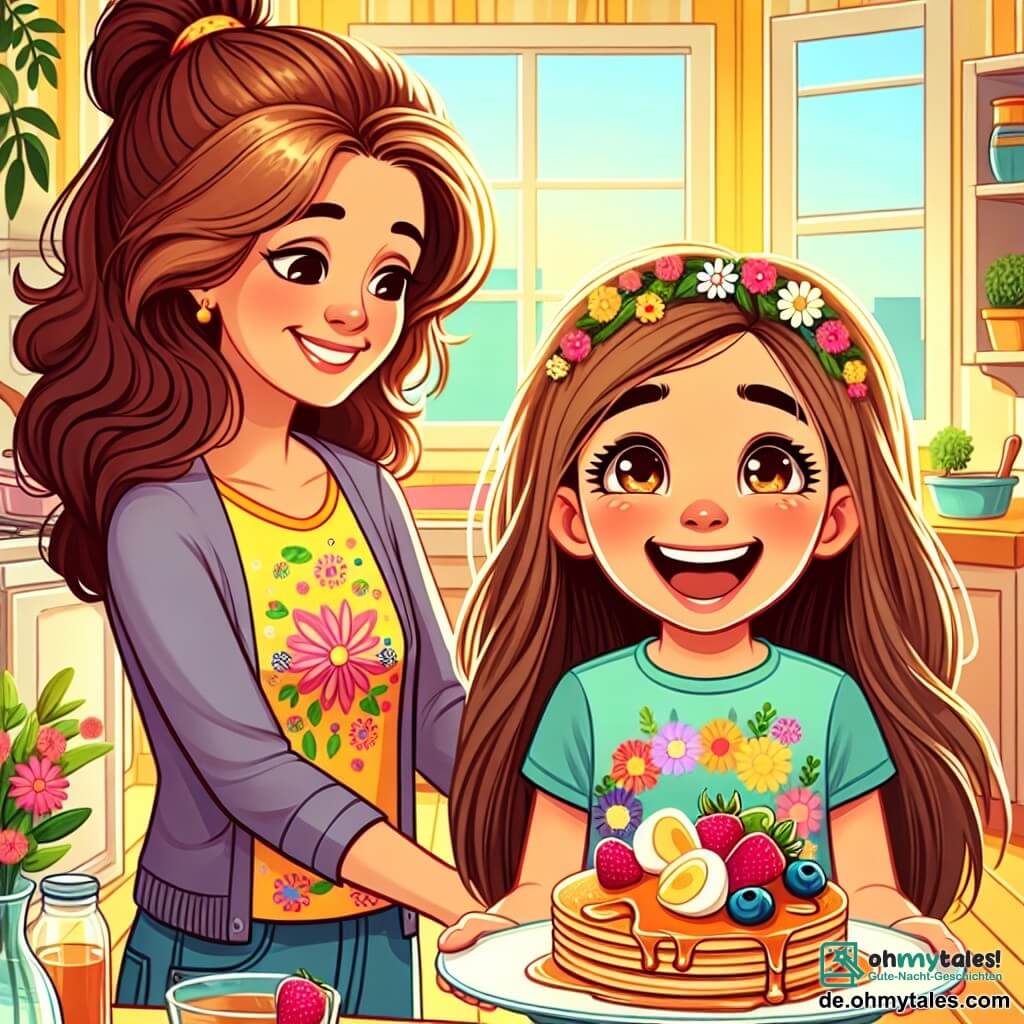 Ein 10-jähriges Mädchen mit langen braunen Haaren und strahlenden Augen steht vor einem Frühstückstisch. Sie trägt ein buntes T-Shirt mit Blumenmustern und eine Jeansshorts. Ihr Gesicht strahlt Aufregung und Liebe aus, während sie ein Tablett mit Pancakes, dekoriert mit Früchten und Sirup, präsentiert. Neben ihr steht ihre Mama, eine etwa 35-jährige Frau mit braunen, hochgesteckten Haaren und einem warmen Lächeln, die ihre Tochter liebevoll ansieht, ihre Augen glänzen vor Emotionen. Sie befinden sich in einer hellen Küche, die von Morgenlicht durchflutet wird, mit gelben Wänden und grünen Pflanzen auf der Fensterbank. Die Hauptsituation zeigt das Mädchen, das seiner Mama ein Überraschungsgeschenk zum Muttertag überreicht, was einen Moment des Glücks und der Verbundenheit zwischen ihnen schafft.