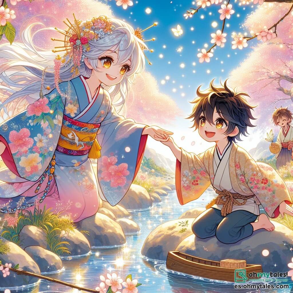 Yuki es una mujer espiritual del bosque, con cabello plateado flotando como nubes y ojos brillantes como estrellas. Lleva un kimono colorido con motivos de flores de cerezo, sonriendo suavemente mientras extiende la mano hacia un niño pequeño. Tomoya, un niño de 7 años, tiene el cabello negro desordenado y ojos chispeantes de curiosidad. Está sentado en una piedra al borde del arroyo, sosteniendo un pequeño barco de madera, con su rostro iluminado por la emoción y la alegría. El lugar es una hermosa claridad junto a un arroyo brillante, rodeado de cerezos en flor, cuyas pétalos rosas caen suavemente como nieve. El sol brilla a través de las hojas, creando sombras danzantes en el suelo. La situación principal muestra a Yuki y Tomoya, de la mano, observando el arroyo donde un pez dorado emerge del agua, iluminando la escena con un resplandor mágico.