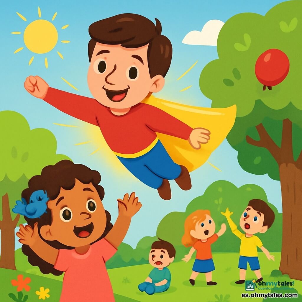 Un hombre sonriente, SuperLuz, lleva una capa amarilla brillante que brilla bajo el sol. Tiene cabello castaño y ojos llenos de alegría. SuperLuz vuela sobre un parque, con los brazos abiertos, listo para ayudar. A su lado, una niña de 6 años, con cabello rizado y un vestido rosa, levanta los brazos riendo, maravillada por su presencia. Un pequeño pájaro azul se posa en su hombro, cantando alegremente. El parque está lleno de árboles con hojas verdes y flores coloridas, con niños jugando en la hierba. La escena principal muestra a SuperLuz listo para ayudar a un grupo de niños que buscan un globo rojo atrapado en un árbol.