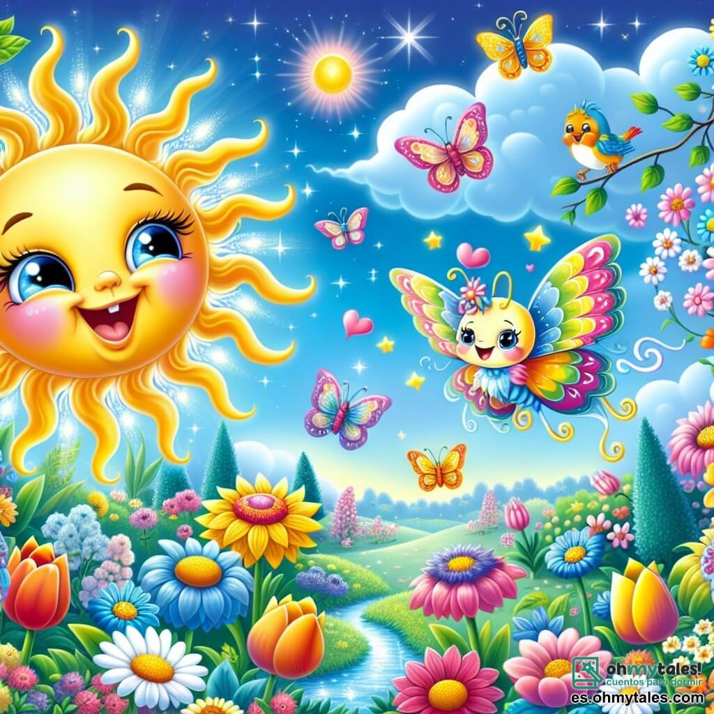 Un pequeño sol sonriente llamado Solito, con un rostro alegre y rayos dorados, ilumina un jardín colorido lleno de flores brillantes de todos los colores, como tulipanes y margaritas. Él danza alegremente en el aire, sus rayos brillando de felicidad. Junto a él, una mariposa llamada Bianca, con alas multicolores y translúcidas, vuela con gracia, mostrando una sonrisa radiante mientras juega a revolotear alrededor de las flores. Un pequeño pájaro llamado Pío, con plumaje azul brillante y un aire curioso, se posa en una rama, cantando alegremente y observando a sus amigos con ojos chispeantes de alegría. El jardín es un lugar encantador, bañado de luz, con un cielo azul claro y un suave aroma a flores que flota en el aire. La escena representa la fiesta de primavera que Solito y sus amigos organizan, llena de risas, juegos y colores vibrantes, simbolizando la amistad y la alegría de vivir en armonía con la naturaleza.