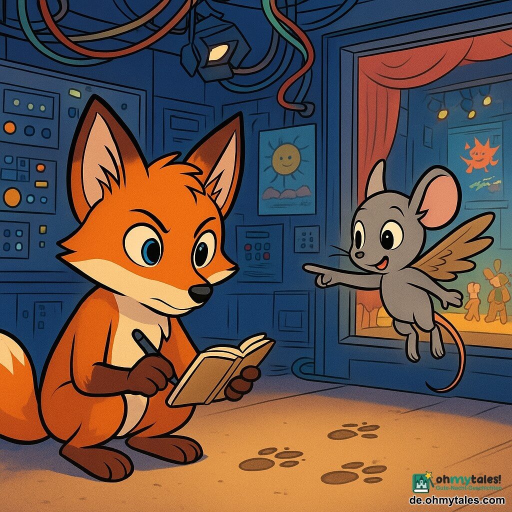 Im Zentrum des Bildes hockt ein junger Fuchs mit glänzenden Augen und leuchtend orangefarbenem Fell, namens Felix, konzentriert und entschlossen auf dem Boden. Er hält ein offenes Notizbuch in einer Pfote, mit einem Stift bereit zum Schreiben, während er aufmerksam Fußabdrücke im Staub untersucht. Rechts von ihm schwebt eine kleine graue Maus, Paula, mit Spatzenflügeln in der Luft, ihre Augen weit aufgerissen vor Aufregung. Sie zeigt begeistert und neugierig auf die Spuren am Boden. Im Hintergrund ist die Theaterregie mit bunten Kabeln, funkelnden Lichtern und Kontrollpaneelen gefüllt. Plakate von Animationsaufführungen schmücken die Wände, während ein großes Fenster einen Blick auf die Bühne darunter bietet, wo Tiere sich auf eine Vorstellung vorbereiten. Die Hauptsituation zeigt Felix und Paula bei ihrer Untersuchung, auf der Suche nach Hinweisen, um ein verschwundenes Lichtbuch zu finden, mit einer spürbaren Atmosphäre von Geheimnis und Abenteuer in der Luft.