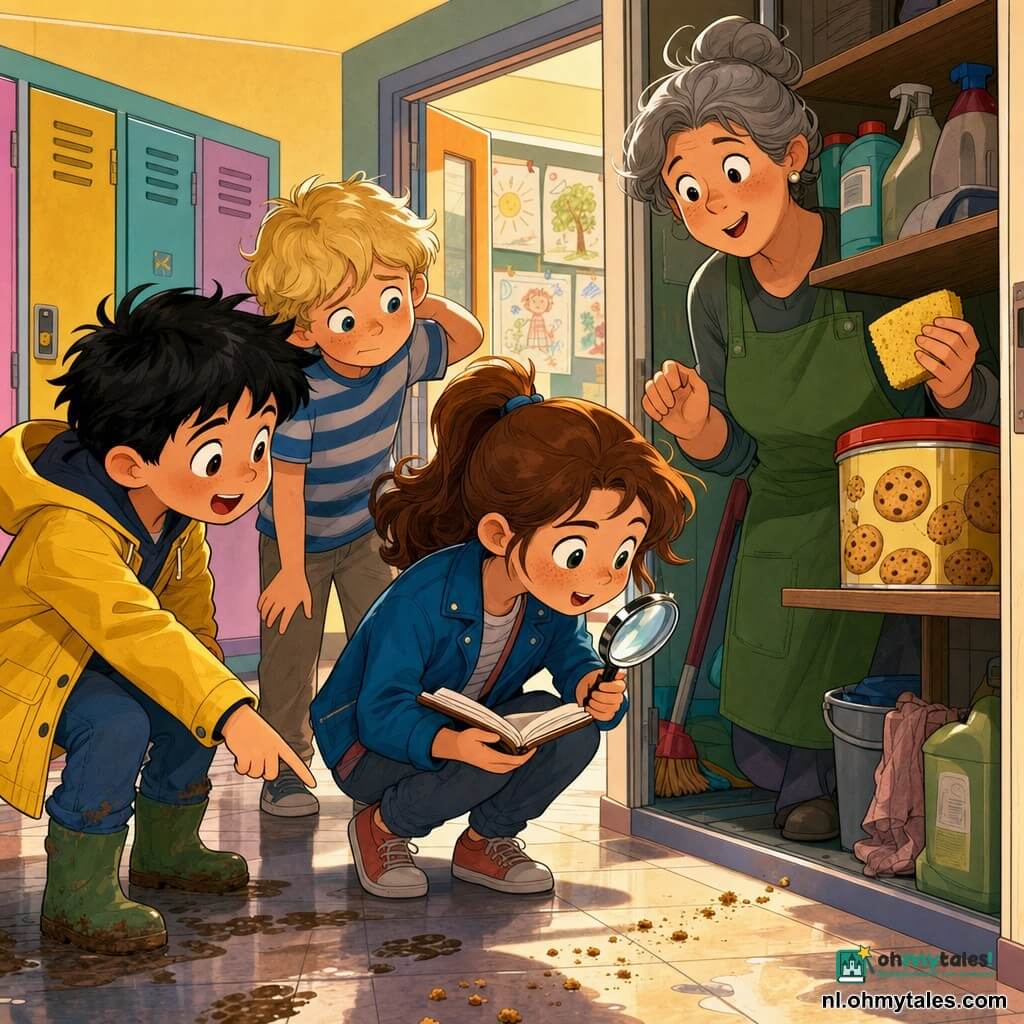 Detective Lotte, enthousiaste en geconcentreerd, ronde gezicht, sproeten, kastanjebruin haar in een paardenstaart, draagt een blauw jasje en houdt een vergrootglas en een open notitieboekje terwijl ze boven een grote koekjesdoos in een schoonmaakkast buigt; links van haar wijst de enthousiaste en nieuwsgierige Milan (ca. 9) met verward zwart haar en gele regenjas naar kruimels op de natte tegelvloer; achter Lotte staat de opgeluchte maar verlegen Bo (ca. 8) met blond haar en gestreept T-shirt, licht gebogen; huishoudster Emma (ca. 40) met grijs haar in een knot en groen schort glimlacht verrast naast de kast met een spons in de hand; locatie: licht gangpad van een school met pastelkleurige muren, kleurrijke kluisjes en open klasdeur met kindertekeningen; scène: vreugdevolle ontdekking van de koekjesdoos op een plank, kruimels leiden ernaartoe, warme contrasterende kleuren, zachte vormen en vriendelijk licht.