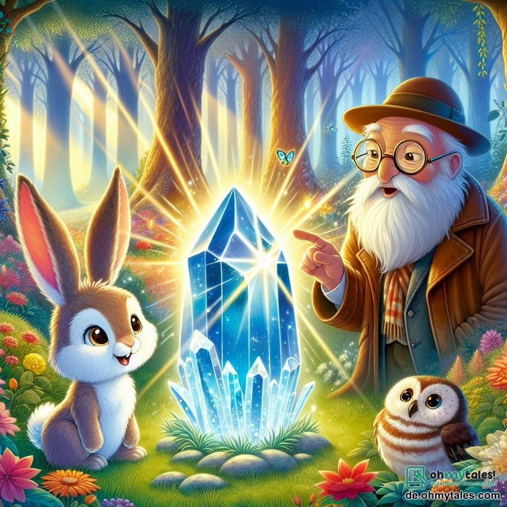 Ein kleiner Hase mit großen Ohren und weichem, seidigem Fell, dessen Augen vor Neugier funkeln, steht in der Mitte des Bildes und schaut staunend auf einen großen, leuchtenden Kristall, der farbige Lichtstrahlen ausstrahlt. Rechts von ihm beobachtet eine weise Eule mit braun-weißen Federn und runden Brillen auf der Nase aufmerksam den Kristall und zeigt einen Ausdruck von Konzentration und Weisheit. Links lächelt ein alter Herr mit faltigem Gesicht, der einen Filzhut trägt und eine abgetragene Lederjacke anhat, warmherzig, während er seinen wiedergefundenen Hut in den Händen hält, mit einem Ausdruck von Dankbarkeit in seinen Augen. Die Szenerie ist ein wunderschöner verzauberter Wald, voller leuchtender Blumen und majestätischer Bäume, durch die Sonnenlicht hindurchscheint und eine magische, einladende Atmosphäre schafft. Die Szene zeigt den Moment, in dem die Charaktere sich darauf vorbereiten, den Kristall zu berühren, um durch die Zeit zu reisen, umgeben von einer Aura der Aufregung und des Geheimnisses, bereit für ein außergewöhnliches Abenteuer.
