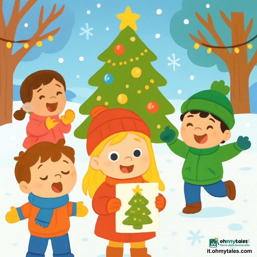 Ci sono 4 bambini: - Anna: una ragazza di 3 anni con lunghi capelli biondi e occhi brillanti, indossa un cappotto rosso vivo e un berretto di lana, è in piedi al centro, sorridente, mentre tiene un disegno di un albero di Natale. - Luca: un ragazzo di 3 anni con capelli castani disordinati e guance rosate, indossa una sciarpa blu e guanti gialli, è a sinistra di Anna e canta gioiosamente. - Marco: un ragazzo di 3 anni con capelli neri e occhi marroni, indossa una giacca verde e un berretto con pompon, è a destra di Anna e balla nella neve. - Sara: una ragazza di 3 anni con capelli castani e trecce, indossa un cappotto rosa e stivali bianchi, è leggermente indietro e applaude con entusiasmo. La scena si svolge in un parco invernale incantevole, con la neve che copre il suolo come un morbido tappeto, alberi maestosi decorati con luci scintillanti e un grande albero di Natale al centro, decorato con palline colorate e stelle dorate. I bambini cantano una canzone di Natale per far sorridere gli abitanti del villaggio, irradiando entusiasmo e amicizia, creando un'atmosfera calda e festosa.