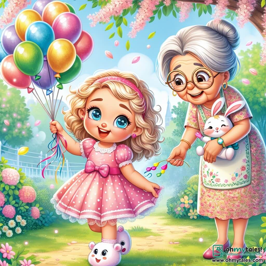 A 5-year-old girl with sparkling blue eyes and curly blonde hair is at the center of the image. She is wearing a pink dress with white polka dots and bunny slippers, smiling enthusiastically while holding a colorful list in her small hands. Next to her, an elderly woman, Mrs. Hoot, around 70 years old, has round glasses and gray hair in a bun. She is dressed in a floral dress and holding a bouquet of colorful balloons, smiling warmly at the little girl. In the background, a flower garden stretches out, with green trees and floating balloons tied to the branches. The scene takes place on a sunny afternoon, filled with joy and excitement. The little girl is freeing balloons that got stuck in a tree, with a determined and happy look, surrounded by the festive energy of her birthday.