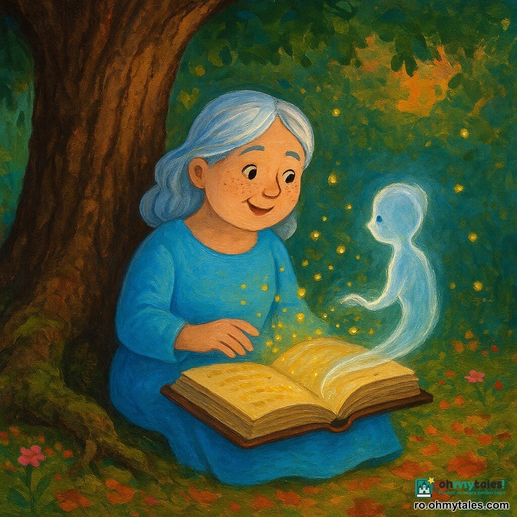 Ana, o femeie zâmbitoare și binevoitoare cu față rotundă, pistrui ușori și păr argintiu strălucitor, îmbrăcată într-o rochie bleu, stă la poalele unui stejar bătrân cu scoarță adânc crestată și rădăcini acoperite de mușchi, deschide un vechi tom mare din care ies linii de text aurii și licurici de lumină care transformă o umbră tristă și subțire într-un fir argintiu strălucitor, într-o pădure luminoasă cu covor de frunze colorate și flori mici roz la amurg.