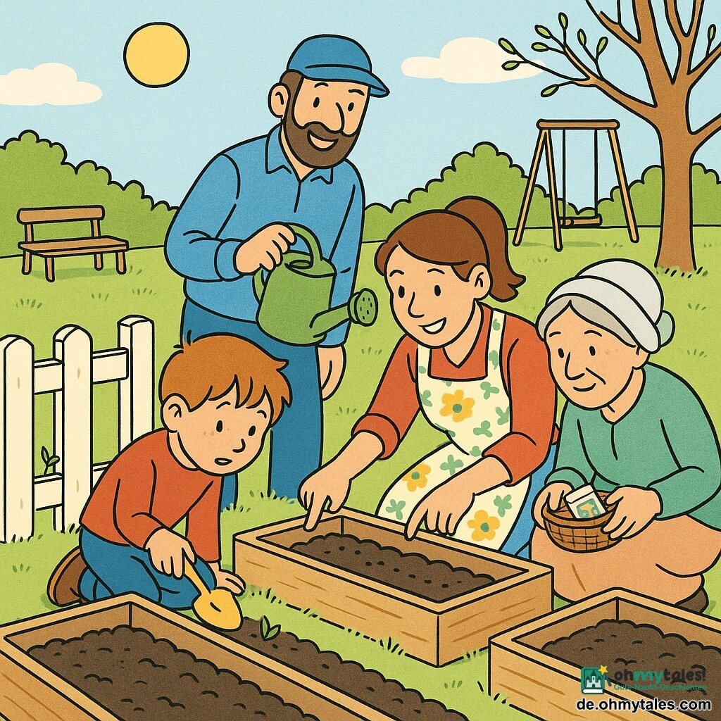 Ein 6-jähriger Junge, bewegt und konzentriert, mit rundem Gesicht und wuschelig hellbraunen Haaren, hält eine kleine gelbe Schaufel und betrachtet ein winziges grünes Keimling; die Mutter (ca. 30–35), braune Pferdeschwanz, lächelnd und kniend, zeigt auf eine Reihe gesäter Samen und trägt eine geblümte Schürze; der Vater (ca. 35–40), kurzbärtig mit blauer Kappe, steht mit einer grünen Gießkanne hinter den Hochbeeten und lächelt den Junge an; die Großmutter (ca. 65), graue Haare im Dutt, leichtes Kopftuch, hockt mit einem kleinen Körbchen voller Samenpäckchen neben einem Beet; Ort: sonniger Familiengarten mit vier rechteckigen Holzabgrenzungsbeeten, dunkler krümeliger Erde, Schaukel und Holzbank, einem knospenden Baum und weißer Lattenzaun, an dem ein kleines grünes Pflänzchen wächst; Hauptszene: die Familie gärtnert gemeinsam am Morgenlicht, Samen liegen in der Hand des Jungen, warme, aufmerksame Mimik und lebhafte Farben.