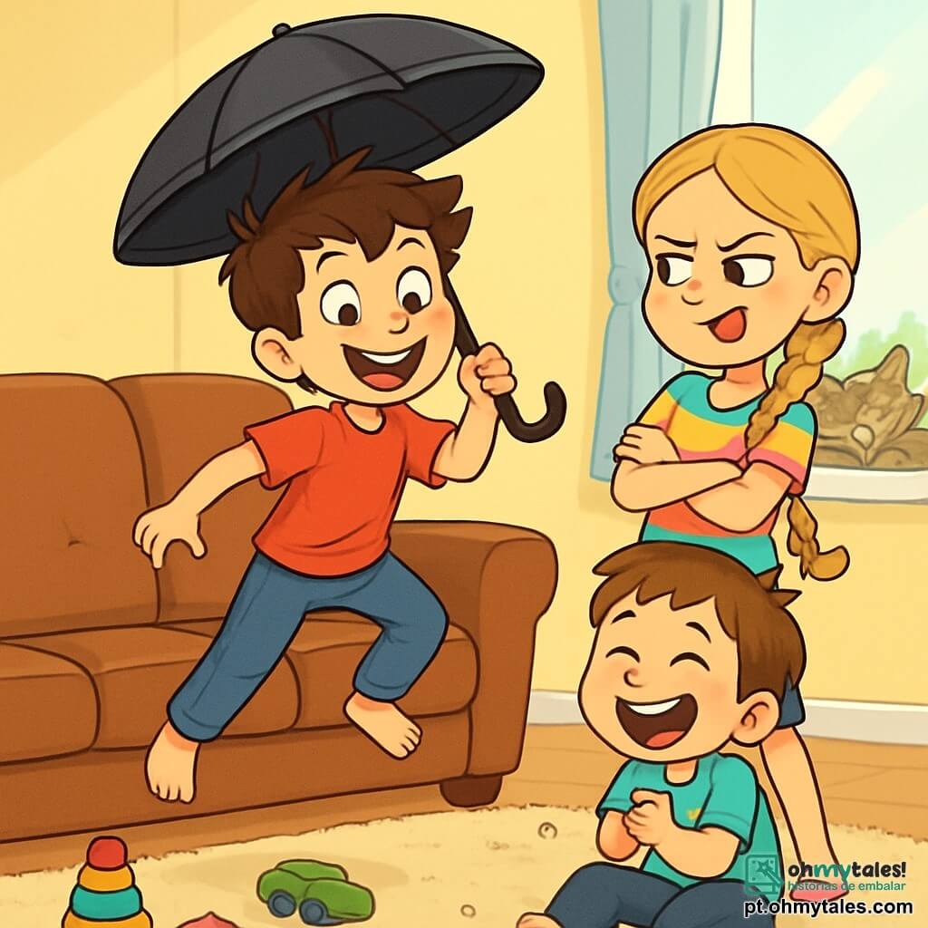 Um menino de 10 anos, Tomás, com cabelos castanhos bagunçados e olhos brilhantes de travessura, está em pé em um sofá de couro marrom, com um grande sorriso no rosto, segurando um guarda-chuva aberto. Ao seu lado, sua irmã Leonor, uma menina de 10 anos com cabelos longos e loiros trançados, usa uma camiseta colorida e faz uma careta divertida, de braços cruzados, pronta para provocá-lo. Mais longe, seu irmãozinho André, um garoto de 7 anos com cabelos castanhos, está agachado no chão, rindo alto, com migalhas de biscoito no rosto. A cena acontece em uma sala iluminada, com paredes pintadas de amarelo pastel, brinquedos espalhados sobre o tapete macio e um grande gato tigre, Zé Bolacha, que dorme tranquilamente na janela. Tomás, tentando voar com o guarda-chuva, está prestes a pular do sofá, enquanto Leonor e André o encorajam rindo, criando uma atmosfera de alegria e camaradagem.