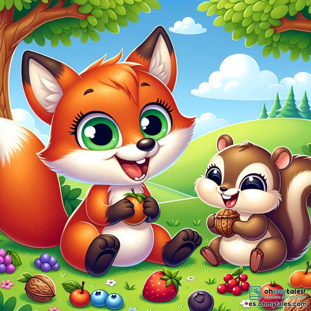 Un pequeño zorro de ojos brillantes y pelaje naranja brillante, sonriendo con entusiasmo, está sentado en la hierba verde, rodeado de deliciosas bayas y frutas coloridas, durante un picnic. A su lado, una pequeña ardilla de pelaje marrón claro, con una cola esponjosa y ojos traviesos, ríe alegremente mientras sostiene una nuez entre sus patas, sentada justo enfrente del zorro. El decorado es una colina verde, salpicada de flores brillantes y árboles majestuosos, con un cielo azul claro y algunas nubes blancas flotando. La escena muestra al zorro y a la ardilla compartiendo un momento de felicidad, disfrutando de las delicias del picnic bajo la sombra de un gran árbol.