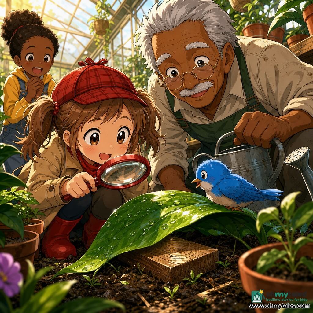 A 6-year-old girl with light brown pigtails, round face and bright eyes, curious smile, holding a red magnifying glass and wearing a small red detective hat, crouches to look at a piece of wood under a large green leaf; beside her to the right a ~70-year-old grandfather with gray hair, round glasses and a soil-dusted gardener's smock leans in smiling while holding a watering can; a small bright blue bird perches on the leaf above the wood, head tilted as if telling a story; inside a glass greenhouse lit with golden light, clay pots and wooden shelves, large leaves with glistening water drops and dark wet soil; the scene shows the discovery of the tenth wooden step hidden under a plant, with warm, colorful atmosphere and visible textures of wood, soil, leaf and feathers.