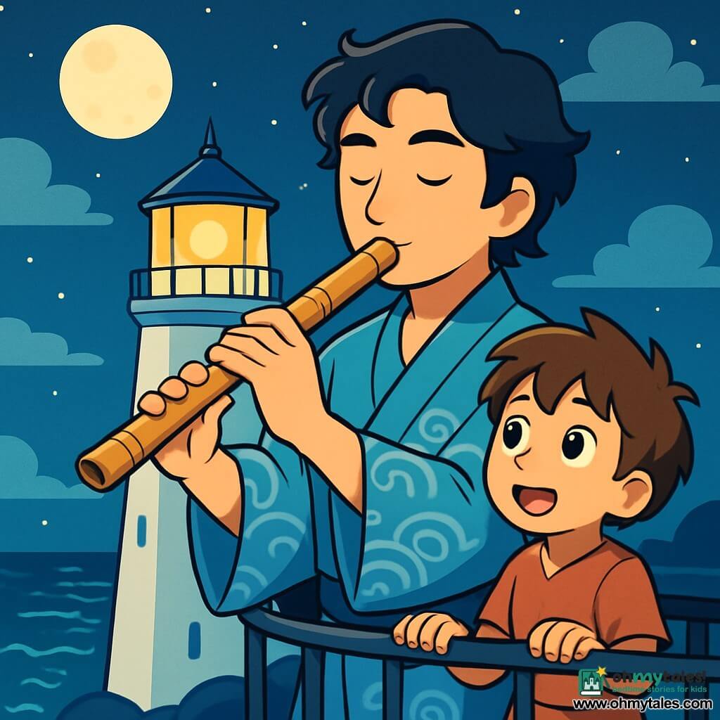 A man named Kaito, in his thirties with slightly wavy black hair, stands atop a lighthouse. His face shows a gentle yet determined concentration, and his eyes shine with hope. He wears a light blue kimono adorned with wave patterns and holds a shakuhachi, a bamboo flute, to his lips. Beside him, a young boy of about 10, with messy brown hair, looks on in wonder, his eyes wide with admiration for Kaito. He wears a simple tunic and canvas pants. The setting is a majestic, tall white lighthouse overlooking a calm sea, where the waves shimmer under the moonlight. Light clouds float in the starry sky, adding a touch of magic to the scene. The main action depicts Kaito playing the flute, creating a soft melody that resonates in the night air, while the boy listens attentively, captivated by the music that seems to awaken the magic of the lighthouse.