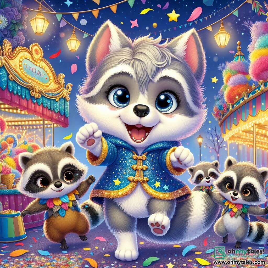 An illustration depicts a small wolf, a boy with soft, fluffy fur and bright, sparkling eyes filled with joy. He wears a shimmering blue cape adorned with golden stars and jumps for happiness, holding a shining star in his little paws. Next to him, a group of three raccoons, boys with mischievous faces and round eyes, laugh as they toss colorful confetti into the air, dancing around the wolf and enhancing the festive atmosphere. The main setting is a magical carnival, filled with bright colors and sparkling lights. Game stalls are decorated with string lights, and a large colorful float, adorned with flowers and feathers, stands at the center, illuminated by a twilight sky. The main scene shows the little wolf and the raccoons discovering a star hidden under a pile of colorful feathers, their faces radiant with joy and excitement, surrounded by a festive and enchanted atmosphere. Other graphic elements include floating balloons, flower garlands, and sparkling light bursts that contribute to the carnival's magic, creating a joyful and lively ambiance.