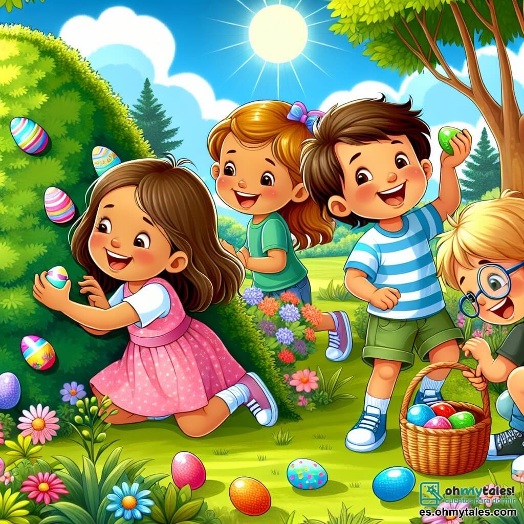 En un parque soleado, cuatro niños están en plena búsqueda de huevos de Pascua. María, una niña de 8 años con largos cabellos castaños y un vestido rosa, sonríe sosteniendo un huevo colorido en su mano. A su lado, Pablo, un niño de 9 años con cabello rubio y una camiseta azul, exclama señalando un huevo rojo escondido detrás de un arbusto. Ana, una niña de 7 años con dos coletas y un vestido amarillo con lunares, está agachada buscando debajo de un árbol, sus ojos brillando de curiosidad. Finalmente, Luis, un niño de 8 años con gafas y un pantalón corto verde, se inclina para recoger un huevo brillante del suelo, riendo con sus amigos. El parque está lleno de flores coloridas, grandes árboles con hojas verdes y un cielo azul brillante, creando un ambiente alegre y festivo. Los niños buscan huevos de Pascua escondidos, riendo y ayudándose mutuamente para descubrir los tesoros coloridos ocultos en la vegetación.