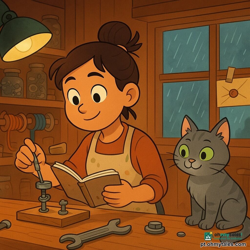 Uma inventora sorridente e concentrada, cabelos castanhos presos com um lápis, rosto redondo e olhos curiosos, veste um grande avental bege manchado de tinta e segura um caderno de esboços aberto e uma pequena ferramenta de metal; o gato grisalho Pingo, pelagem fofinha e olhos verdes travessos, está sobre o banco de trabalho à direita com a pata junto a um parafuso; um envelope amarelado colado à janela com fita adesiva e escrita redonda aparece no peitoril; a oficina é acolhedora e cheia — prateleiras de madeira com parafusos, fios coloridos, frascos de peças e lâmpadas articuladas — e a cena mostra o momento da invenção: ela ajusta uma peça num protótipo de madeira e metal no banco, com chuva suave na vidraça e luz quente.