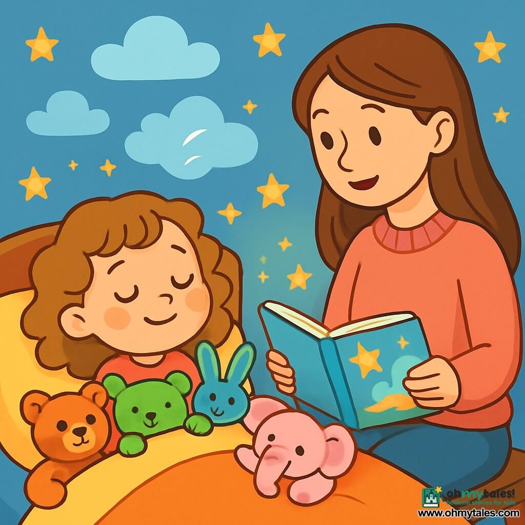 A 4-year-old girl with big bright eyes and light brown curly hair is lying in her cozy bed. She has a serene smile on her face, surrounded by colorful stuffed animals that seem to listen to her. Next to her, her mother, a gentle woman in her 30s with long straight hair, is reading her a story. She is wearing a pink wool sweater and has a loving gaze, sitting on the edge of the bed while holding a colorful illustrated book. The scene takes place in a warm bedroom with pastel blue walls and golden stars stuck to the ceiling. A soft ambient light emanates from a moon-shaped lamp, creating a peaceful and comforting atmosphere. The main situation shows the little girl taking deep breaths with her eyes closed, while her mother softly speaks to her, helping her relax before falling asleep. Fluffy clouds and sparkling stars float around them, adding to the magic of this zen moment.