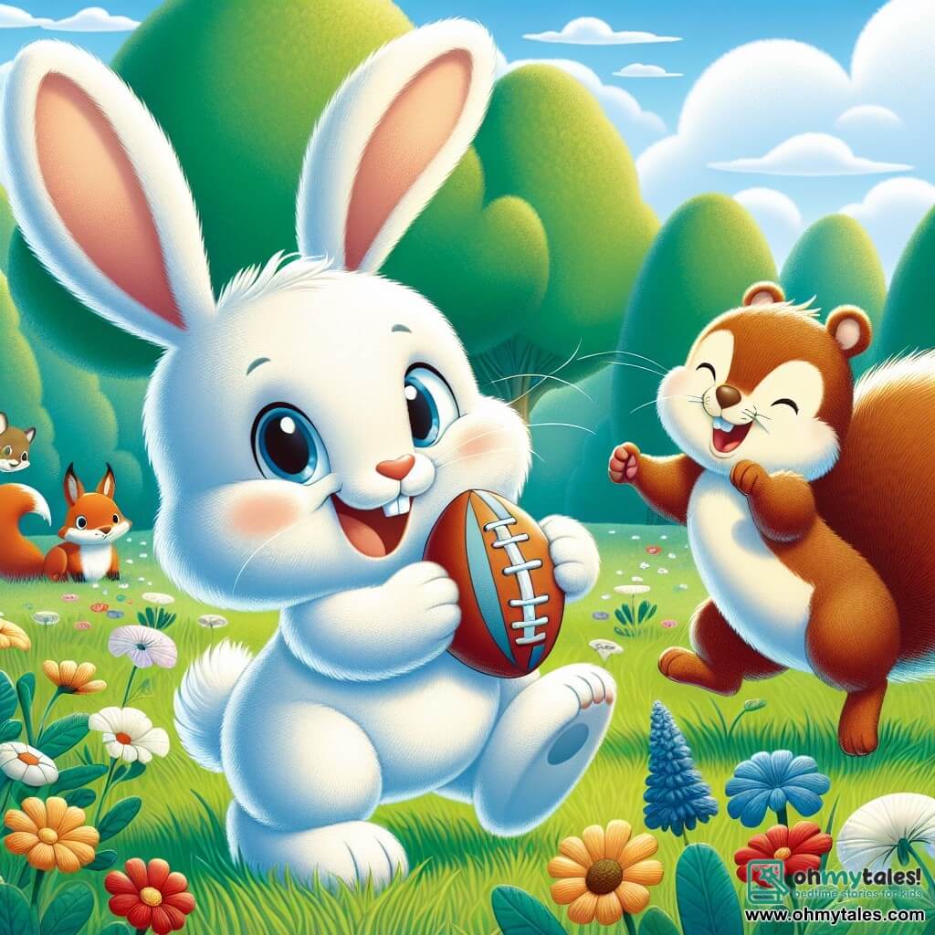 A small rabbit named Benny, with soft white fur and big ears, is joyfully smiling while holding a small rugby ball in his paws. He is at the center of the image, full of energy and enthusiasm, ready to play. Next to him, a squirrel named Sam, with brown fur and a bushy tail, is climbing a bush while laughing, his eyes sparkling with joy as he reaches out to catch the ball that has just flown away. In the background, a sunny meadow stretches as far as the eye can see, dotted with colorful flowers and large green trees. The sky is blue with a few fluffy white clouds, and curious animals like a fox and a hedgehog watch the scene with interest. The main situation shows Benny and Sam playing rugby, with the ball flying through the air, symbolizing friendship and teamwork, while other animals approach to join in the fun.