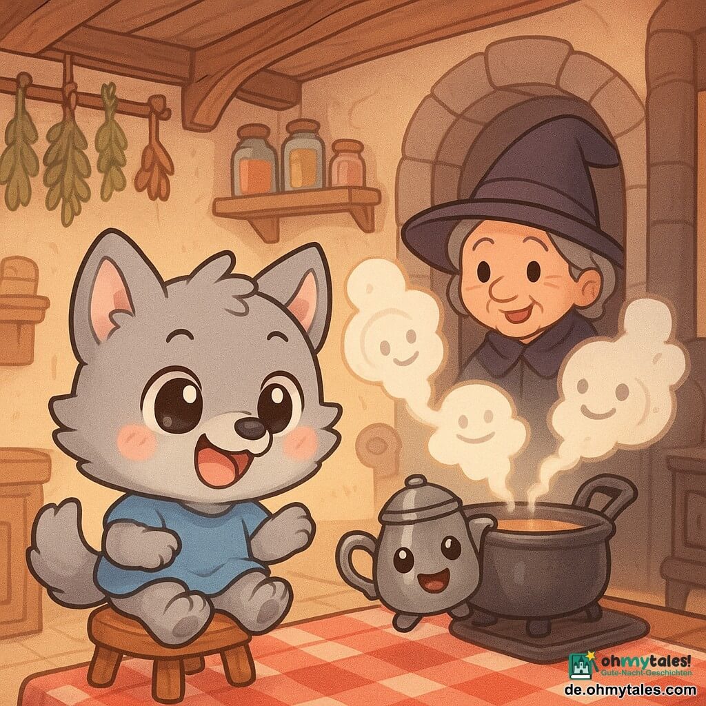 Hauptfigur ist Wolli, ein kleiner, flauschiger chibi-Wolf mit großen glänzenden Augen, rosa Backen, hellgrauem Fell und blauer Tunika, der lachend auf einem quietschenden Hocker zappelt; hinter einer gewölbten Tür steht die freundliche Hexen‑Oma mit sanften Falten, spitzem Hut und überrascht‑amüsiertem Blick. Die Nebenfigur ist die Teekanne „Ritter Kanne“, eine kleine Metallkanne mit Helm‑Deckel und aufgemalten Augen, die fröhlich auf dem Tisch neben Wolli hüpft. Aus dem Kessel steigt Dampf in Form von zwei lustigen Gesichtern (Fisch und Pfannkuchen). Die Szene spielt in der Hexenküche: schiefe Holzbalken, große Eichentisch mit rotkariertem Tuch, hängende Kräutertöpfe, Regale mit bunten Gläsern und ein alter Gussherd, aus dem Dampf strömt. Situation: schelmische Haushaltmagie bewegt Küchengegenstände; warmes, kindliches, komisches und beruhigendes Ambiente mit runden, niedlichen Details, lebhaften Pastellfarben und weichem Licht.
