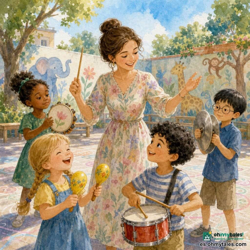 Una maestra sonriente y amable, pelo castaño recogido en un moño y vestido floral pastel, dirige con una batuta de madera; un niño de unos 7 años de rizos negros toca un tambor rojo entusiasmado a su derecha adelante; una niña de unos 6 años con trenza rubia sacude maracas amarillas riendo a la izquierda; un niño de unos 8 años con gafas redondas sostiene platillos plateados algo atrás a la derecha; una niña de unos 7 años de piel morena y vestido verde toca una pandereta decorada de flores detrás de la maestra, concentrada; la escena ocurre en el patio de la escuela con suelo empedrado y dibujos de tiza, muros con murales de animales, árboles y bancos de madera bajo un cielo azul; el grupo crea una melodía colectiva que pasa de caótica a armoniosa, con gestos y sonrisas en un ambiente cálido y animado.