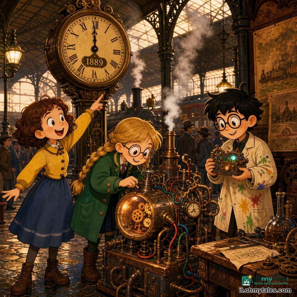 Tre bambini: Viola (circa 10 anni, capelli castani corti e ricci, giacca gialla con bottoni, gonna blu) a sinistra in primo piano che indica stupita l'orologio; Marta (circa 10 anni, capelli biondi in treccia, occhiali tondi, cappotto verde) al centro con un piccolo taccuino e matita mentre si china sulla macchina; Enrico (circa 12 anni, capelli neri arruffati, occhiali tondi più grandi, camice da inventore macchiato di vernice) a destra vicino a un tavolo, tenendo una macchinetta ad ingranaggi lampeggiante; ambientazione: grande stazione a vapore d'epoca con alti pilastri in ferro battuto, pavé lucido, fumo bianco a volute, enormi poster ingialliti e un grande quadrante in ottone sullo sfondo segnato 1889, luce dorata filtrata da vetri sporchi; scena: i tre esaminano una macchina del tempo al centro di un salone di invenzioni animato, vapore e scintille lievi, piccoli ingranaggi e cavi colorati intrecciati, espressioni di stupore e gioia, atmosfera d'avventura retro con palette calda (giallo, rame, verde profondo, blu notte), composizione dinamica con personaggi in primo piano e folla sfocata dietro, stile cartoon retrò "rubber hose" con contorni neri spessi e forme arrotondate.