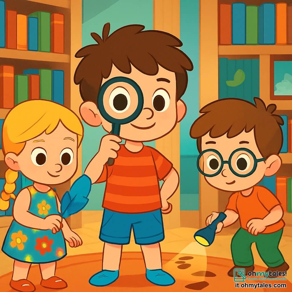 Un ragazzino di 6 anni, Leo, con i capelli castani disordinati e occhi pieni di curiosità, si trova al centro della biblioteca. Indossa una maglietta rossa a righe e un pantaloncino blu, tenendo una lente di ingrandimento di plastica nella mano destra, con un'espressione determinata ed entusiasta. Accanto a lui, Sofia, una ragazza di 6 anni con capelli biondi intrecciati, indossa un vestito a fiori colorati e osserva attentamente una piuma blu trovata a terra. Tommaso, un ragazzo di 6 anni con occhiali rotondi e capelli castani, esamina delle impronte con una piccola torcia, restando leggermente in disparte. La scena si svolge in una biblioteca accogliente, con scaffali di legno pieni di libri dalle copertine colorate, tappeti morbidi e luci soffuse che creano un'atmosfera magica. I tre amici sono in piena indagine, cercando indizi per ritrovare il misterioso libro delle Storie Perdute, circondati da libri antichi e oggetti intriganti, mentre una finestra aperta lascia entrare una leggera brezza, aggiungendo un tocco d'avventura alla loro ricerca.