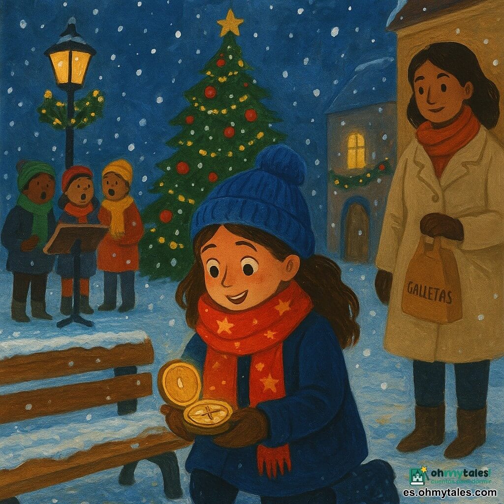 Luna, niña de 10 años, sonriente y maravillada, con una gran bufanda roja con estrellas, abrigo azul marino y botas cubiertas de nieve, sostiene una vieja brújula abierta que brilla con luz cálida mientras se arrodilla junto a un banco donde fue encontrada; a cierta distancia, su madre (unos 35 años) con abrigo beige y un paquete de galletas en papel marrón la mira con ternura desde la entrada de un mercado decorado; a la izquierda, un grupo de tres niños (8–11 años) canta villancicos con gorros y bufandas coloridos; la plaza del pueblo de noche bajo la nieve muestra adoquines, farolas de hierro forjado con guirnaldas, un gran árbol de Navidad con bolas rojas y guirnaldas doradas, copos grandes de nieve y pequeñas luces amarillas que crean reflejos dorados sobre la nieve.