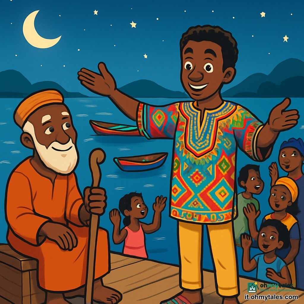 Un uomo di nome Mbe, sulla quarantina, con occhi brillanti e un sorriso caloroso, si trova al bordo di un molo di legno, le braccia aperte in un gesto di pace. Indossa una tunica colorata con motivi africani, e la sua espressione è calma e rispettosa, come se ascoltasse le storie del vento. Accanto a lui, un vecchio griot di circa 70 anni, con una lunga barba bianca e rughe che raccontano storie, è seduto su una cassa di legno. Tiene un bastone di legno intagliato e sorride con benevolenza, osservando Mbe con occhi pieni di saggezza. Sullo sfondo, il molo è circondato da piroghe colorate, dipinte di rosso e blu, che galleggiano dolcemente su un fiume scintillante sotto la luce della luna. Donne e bambini del villaggio, vestiti con abiti tradizionali, sono riuniti intorno, ascoltando attentamente, i loro volti illuminati dalla luce delle stelle. La scena mostra Mbe che interviene per placare un conflitto tra due fratelli, illustrando un momento di tensione che si trasforma in comprensione. I personaggi sono in movimento, con le mani alzate e volti espressivi, catturando l'essenza di una comunità unita dalla saggezza e dal rispetto.