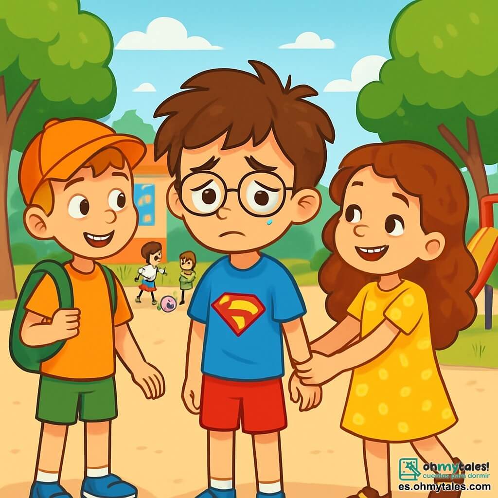 Un niño de 8 años, con cabello castaño desordenado y gafas redondas, se encuentra en el centro de la imagen, con una expresión de tristeza y preocupación en su rostro, los ojos ligeramente húmedos. Lleva una camiseta azul con un diseño de superhéroe y un pantalón corto rojo. A su derecha, una niña de 8 años, con cabello largo y rizado, sonriente y llena de confianza, le tiende la mano para animarlo. Ella lleva un vestido amarillo con lunares y sandalias. A su izquierda, un niño de 8 años, con cabello rubio y una gorra, lo mira con una sonrisa amistosa, listo para jugar con ellos. El escenario es un patio de escuela soleado, rodeado de grandes árboles verdes y juegos coloridos, como columpios y un tobogán. Al fondo, compañeros juegan al fútbol, creando un ambiente alegre. La situación principal muestra al niño triste recibiendo el apoyo de sus amigos para superar mensajes crueles que ha recibido, ilustrando un momento de solidaridad y amistad.