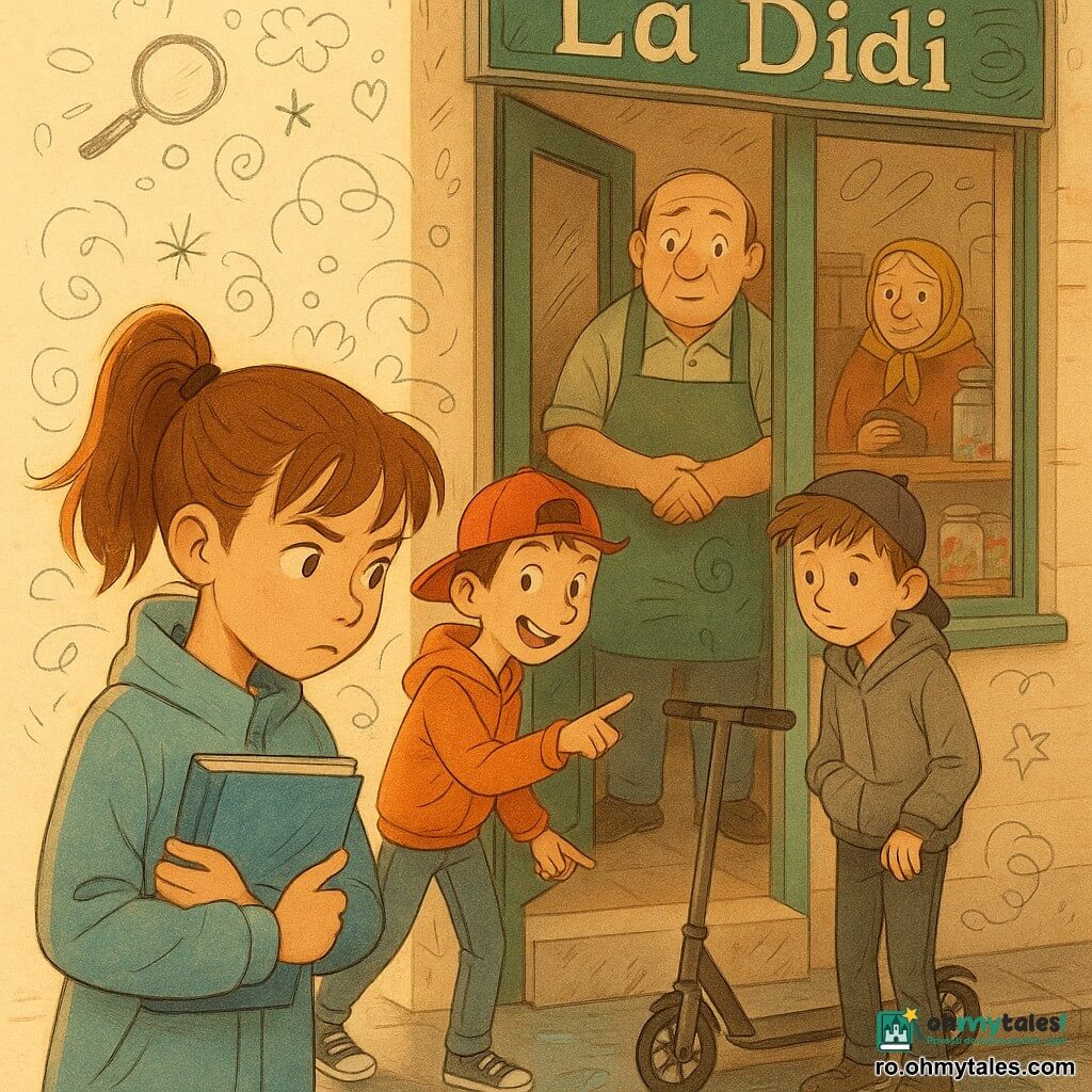 Mara, fată de 12 ani, concentrată, cu coadă înaltă și palton albastru, ține un caiet și cercetează o gumă roz lipită la prag; Doru, băiat de 12 ani, amuzat, indică spre o trotinetă, iar un alt băiat timid de 13 ani stă lângă trotinetă; Domnul Didi, în jur de 50 de ani, în fața magazinului "La Didi", privește stânjenit, iar Lenuța, femeie de 60 de ani cu eșarfă galbenă, apare în fundal; vitrină cu bomboane, trotuar ud cu bălți și indicii (capac de pix albastru, gumă lipită, trotinetă) — mică anchetă în atmosferă caldă, lumină aurie de sfârșit de după-amiază, stil ilustrativ clar cu doodle-uri (lupe, urme, săgeți).