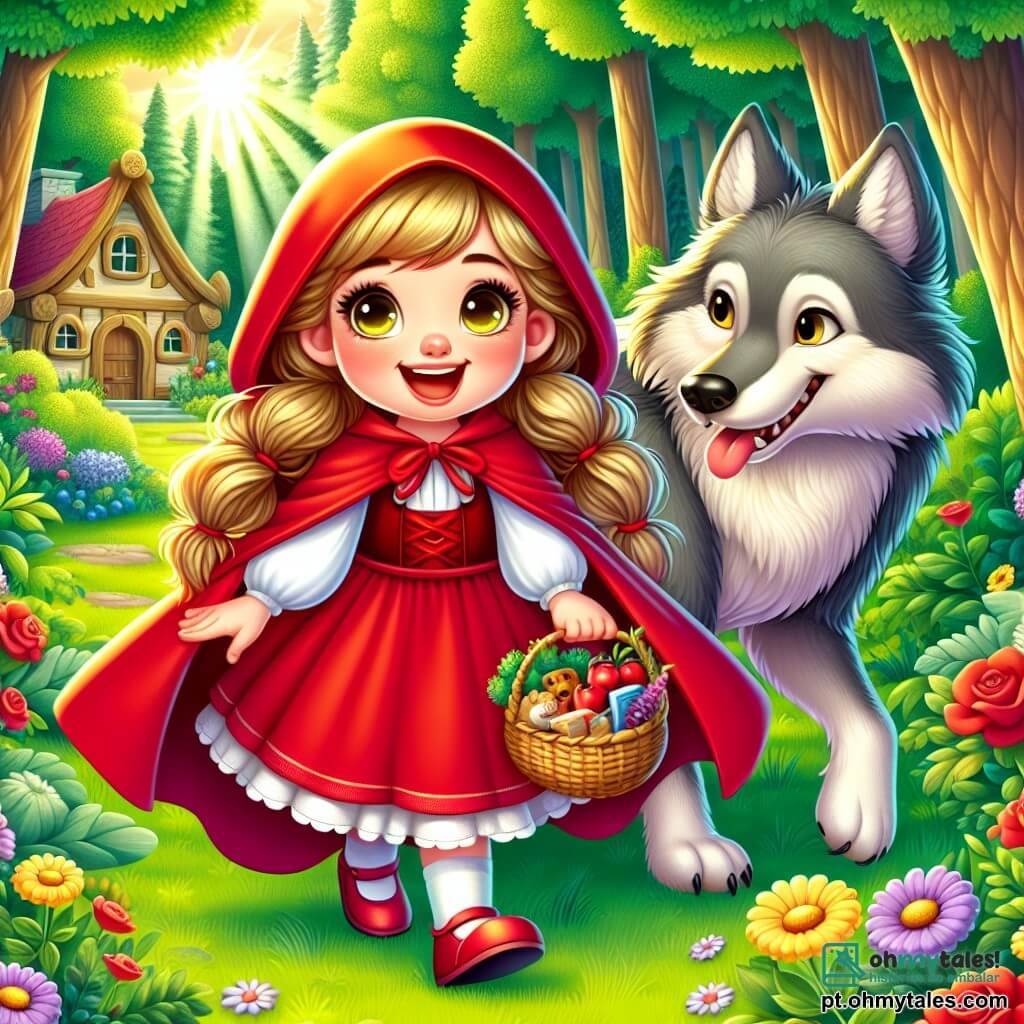 O Pequeno Chapeuzinho Vermelho, uma menina de cerca de 8 anos com longos cabelos dourados e um grande sorriso, usa uma capa vermelha brilhante que flutua atrás dela. Ela está alegremente no centro da cena, segurando uma cesta cheia de doces, com olhos brilhantes de excitação. Ao seu lado está um Lobo, um animal majestoso com pelagem cinza e olhos suaves, que parece curioso e amigável, ouvindo atentamente o Chapeuzinho Vermelho. Ao fundo, vê-se a casa da avó, uma pequena cabana de madeira cercada por flores coloridas e árvores verdes. A floresta é densa e mágica, com raios de sol filtrando pelas folhas, criando uma atmosfera acolhedora. A cena principal mostra o Pequeno Chapeuzinho Vermelho e o Lobo compartilhando um momento de cumplicidade, sentados na grama de uma clareira ensolarada, rindo juntos e trocando histórias, ilustrando a beleza de sua nova amizade.