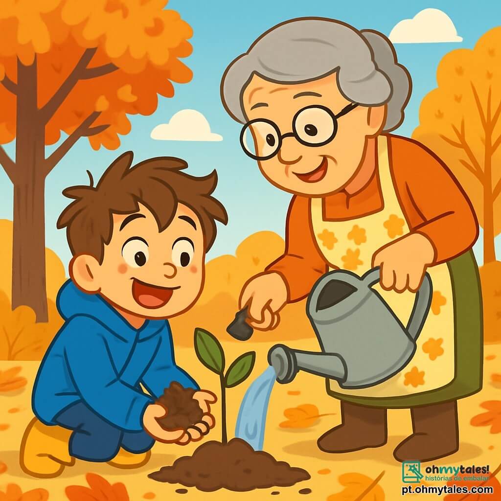 Um menino de 10 anos, Miguel, com cabelos castanhos bagunçados e um grande sorriso encantado, está agachado em um jardim de outono, cercado por folhas douradas e vermelhas. Ele usa um casaco azul vibrante e botas de chuva amarelas, suas mãos estão cheias de terra, e ele observa com entusiasmo uma pequena muda de castanheiro que acabou de plantar. Ao lado dele, sua avó, Dona Lurdes, uma mulher idosa com cabelos grisalhos e óculos redondos, está em pé, sorridente e orgulhosa, segurando uma pequena pá. Ela usa um avental florido e se inclina para lhe mostrar como regar a planta corretamente. O jardim é um verdadeiro quadro de outono, com árvores majestosas de folhas vibrantes, um céu azul claro salpicado de nuvens brancas e um solo coberto de folhas secas que estalam sob os pés. A cena principal mostra Miguel e sua avó plantando uma árvore, simbolizando a magia do outono e a transmissão de tradições familiares, enquanto compartilham um momento de alegria e aprendizado.