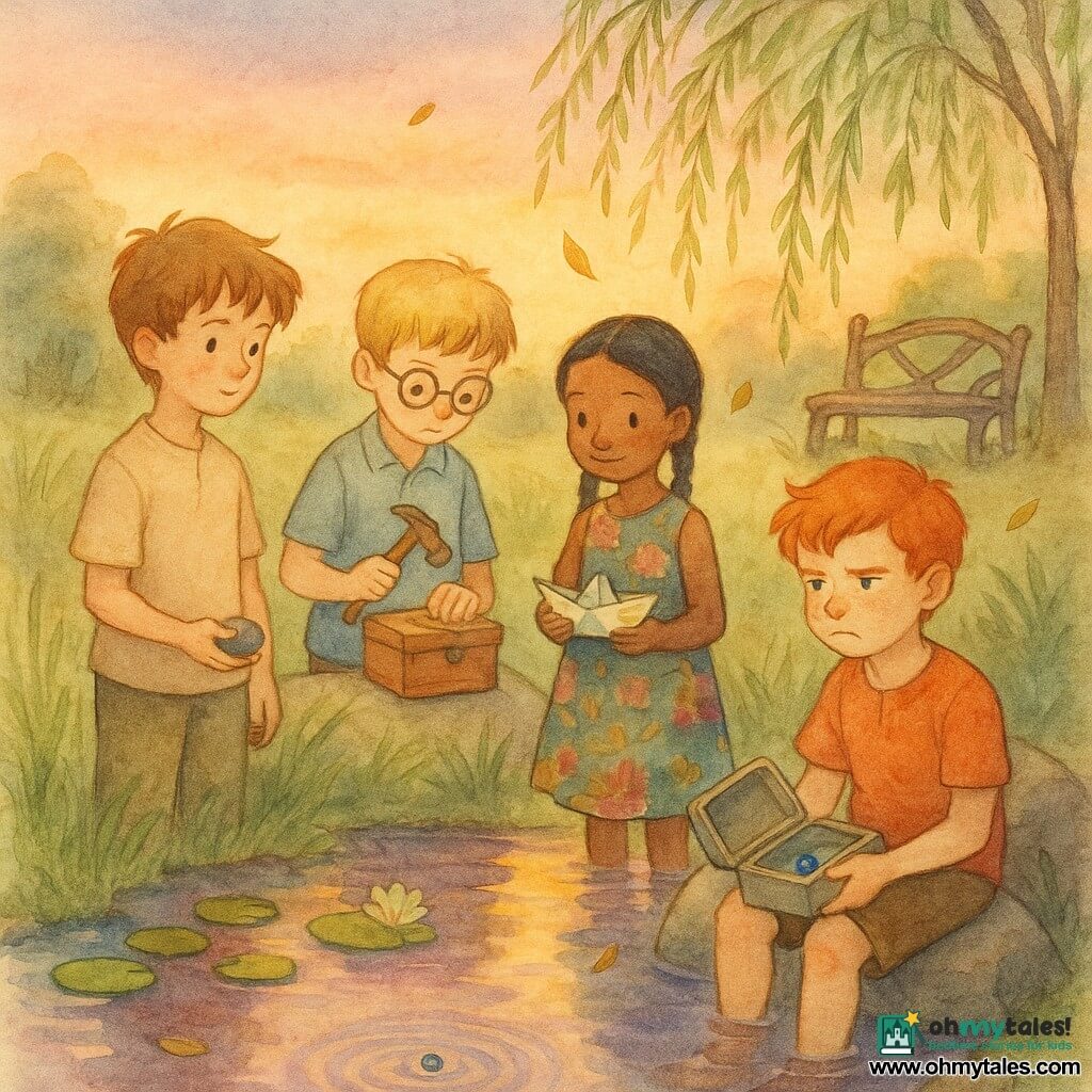Four children, about nine: Jonah, fair-skinned with tousled brown hair and freckles, stands left holding a smooth stone and gazing thoughtfully at a sunset pond; Milo, short blond hair and round glasses, stands center-left repairing a box with a small hammer; Tess (who presents as a boy), black hair in a braid and wearing a colorful dress, stands center-right holding a paper boat painted with a star and smiling shyly toward Rowan; Rowan, red-haired and freckled, sits right on a large stone with an open marble box on his knee, holding a shiny marble in his palm and looking between anger and acceptance. They’ve gathered by a grassy, willow-lined pond at dusk to make amends—repairing the box, returning marbles, planting a willow—with gentle, deliberate gestures; the scene is soft, watercolor pastels with gold and purple reflections, small circular ripples from a dropped marble, drifting leaves, and a hint of wet earth and village bread.