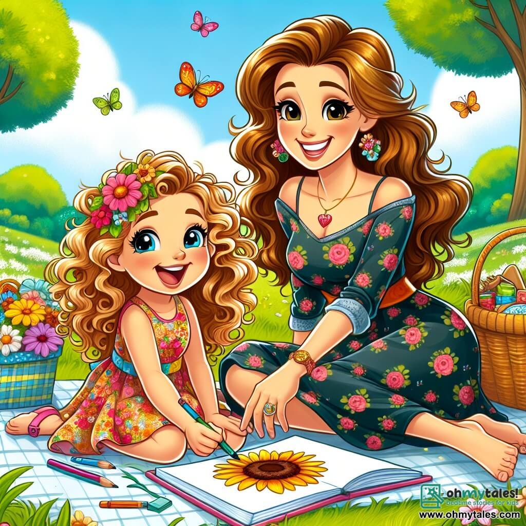 A 6-year-old girl named Lily, with curly golden hair, is wearing a colorful floral dress. She has a big smile on her face, overflowing with joy as she draws a large sunflower in her sketchbook while sitting on the green grass. Next to her, her mother, a woman in her thirties with long brown hair, is sitting cross-legged, proudly watching her daughter's drawing while holding a picnic basket filled with delicious treats. The setting is a spring park, filled with vibrant flowers, large leafy trees, and a clear blue sky dotted with a few white clouds. Colorful butterflies fly around them, adding to the magic of the scene. The main focus shows Lily concentrated on her drawing, surrounded by nature's beauty, while her mother encourages her with a warm smile, creating a moment of shared happiness between mother and daughter.