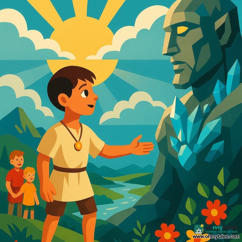 A boy named Sorya, with eyes shining with curiosity and courage, stands atop a mountain, dressed in a linen tunic and wearing a sparkling amulet around his neck. Beside him, the giant guardian, a majestic figure carved from stone, awakens, its golden eyes slowly opening, surrounded by glistening crystals. In the background, two brothers, one tall and the other small, stand hand in hand, smiling with gratitude, their colorful clothes vibrant in the morning light. The mountain peak is enveloped in silver clouds, with sunrays piercing through, illuminating the landscape below. The main scene shows Sorya reaching out to the guardian, symbolizing the awakening of peace and justice, while nature around them seems to be reborn, with flowers blooming and rivers shimmering.