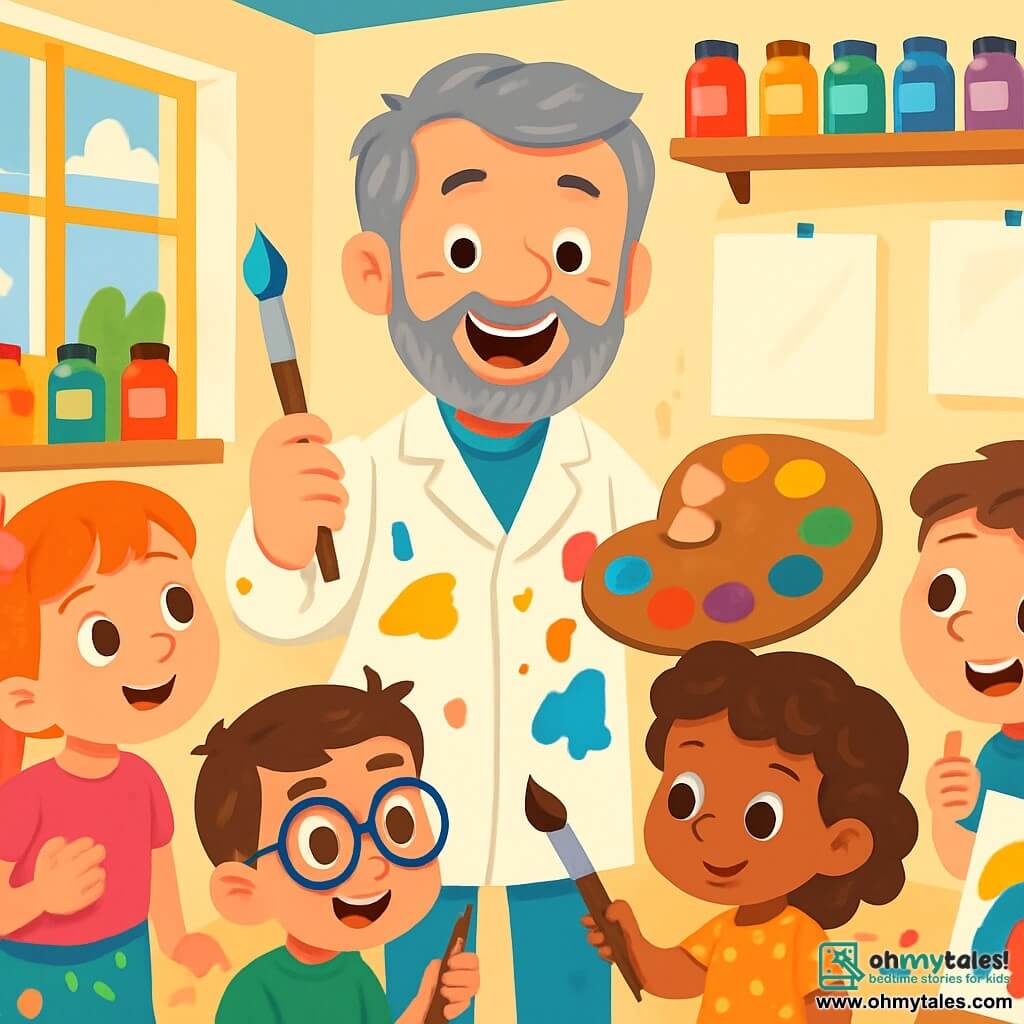 A man, Mr. Brush, stands in the center of his bright studio, smiling joyfully. He has graying hair, a neat beard, and wears a white coat splattered with colorful paint. He holds a brush in one hand and a palette of vibrant colors in the other, ready to paint. Around him are four children: Lily, a 7-year-old girl with a pink bow in her hair, amazed by the colors; Max, an 8-year-old boy with glasses and a mischievous smile, holding a brush; Mia, a 6-year-old girl with curly hair, focused on her canvas; and Sam, a 7-year-old boy in a colorful t-shirt, excitedly showing his artwork. The studio is filled with large windows letting in sunlight, white-painted walls, and shelves stocked with paint pots of all colors. White canvases are hung on the walls, and the floor is covered in paint splatters. The scene depicts Mr. Brush teaching the children how to mix colors and paint together, creating a joyful and creative atmosphere.