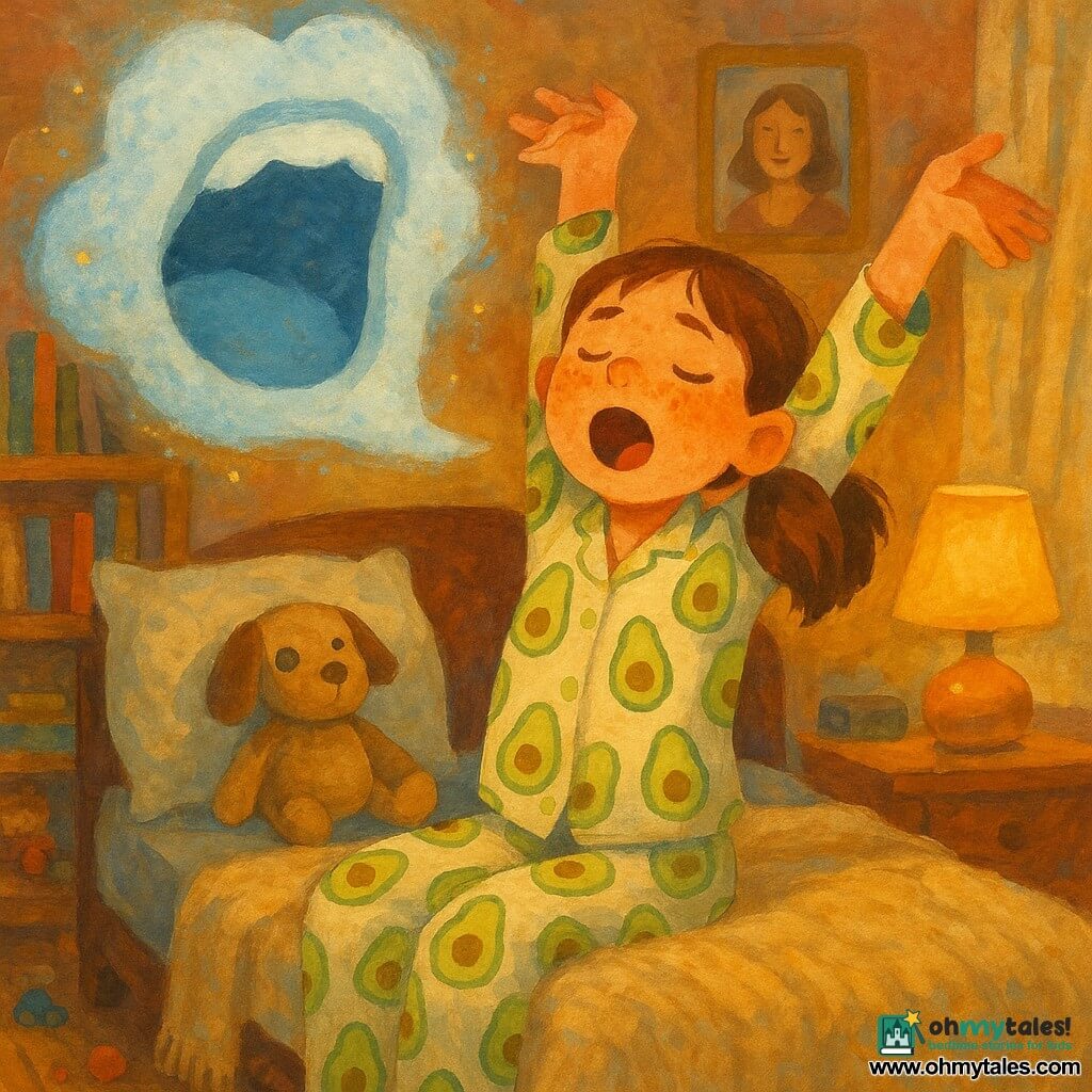 A 12-year-old girl with a round face, freckles, mid-length chestnut hair in a ponytail and bright, slightly tired eyes smiles and opens her mouth in a huge knowing yawn; she wears avocado-pattern pajamas and sits on a bed with a cream wool blanket, knees drawn, a bedside lamp lit to the right; a small, worn beige plush dog named Captain Crumpet with one button eye rests against the pillow to the left; a giant mouth-shaped floating cloud with a foamy texture, soft edges, pastel light-blue color and a stardust halo yawns in mirror before her; a dimly lit framed photo of Aunt Lottie smiling hangs on the wall; the cozy room has a wooden shelf of colorful books, a light billowing curtain, warm wood floor and scattered small toys; the scene captures a tender, humorous "yawn duet" with exaggerated raised arms and half-closed eyes, painted in a gouache palette of warm, powdered colors with visible brushstrokes, thick textures and slightly blurred contours for a dreamy effect.