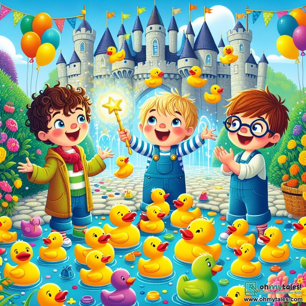Three little boys, aged four, stand at the center of the scene: Max, a boy with curly brown hair, smiling with sparkling eyes, holds a shimmering magic wand; Leo, a messy-haired blond boy, laughs heartily with a flower pot on his head; Sam, a boy with chestnut hair and round glasses, claps while laughing, surrounded by colorful rubber ducks floating around them. Their adventure takes place in Twinkletown Castle, a magical place with sparkling stone walls, colorful flags fluttering in the wind, and gardens filled with vibrant flowers. Multicolored balloons rise into the blue sky, while rays of sunshine illuminate the scene. The boys are having fun making magical objects appear with the wand, but instead of a big cake, a multitude of rubber ducks pops up, causing bursts of laughter and joyful chaos.