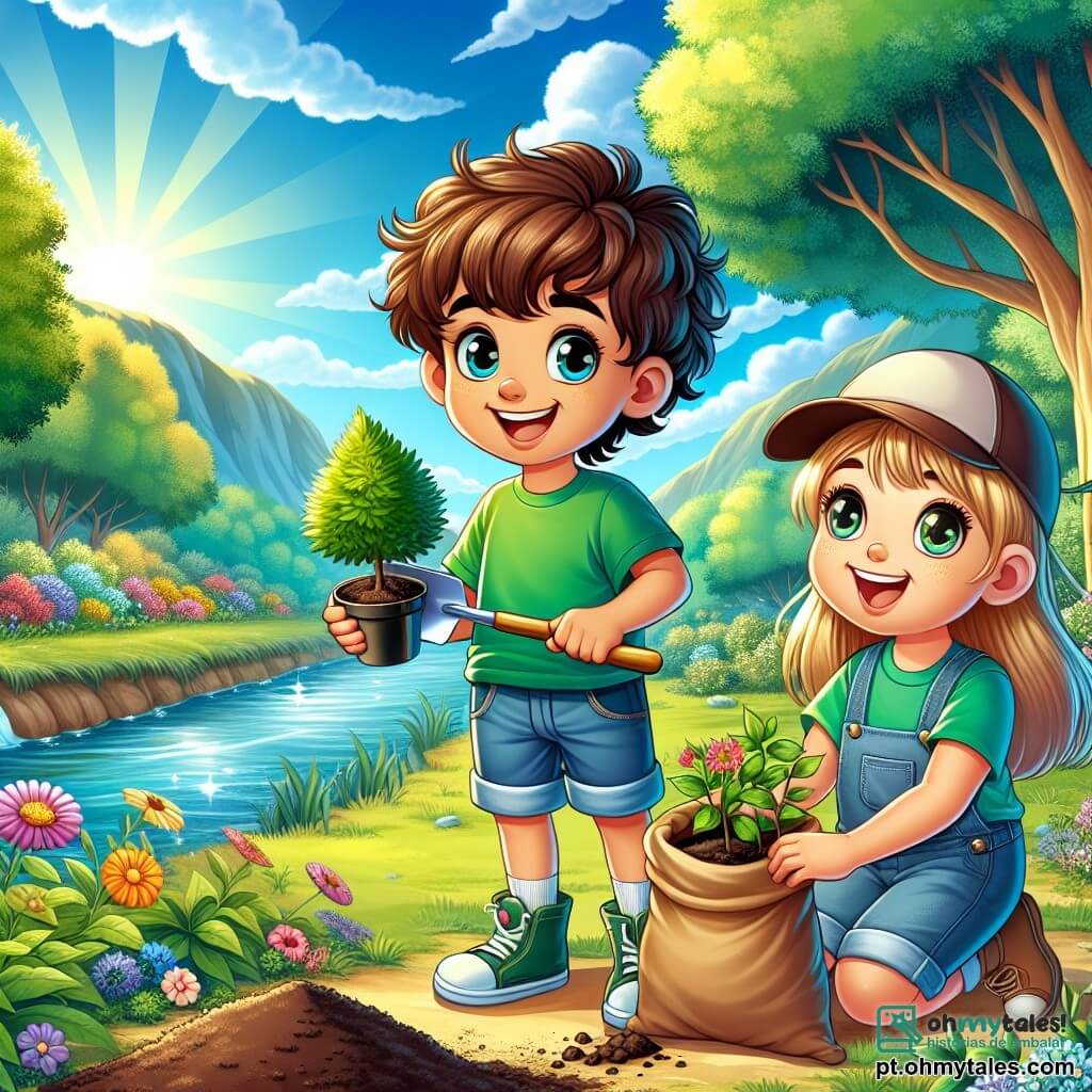 Um garoto de 12 anos, Miguel, com cabelos castanhos e cacheados, veste uma camiseta verde brilhante e um short de denim. Seu rosto expressa uma determinação alegre, com um grande sorriso e olhos brilhantes. Ele segura uma pá em uma mão e uma pequena planta em vaso na outra, pronto para plantá-la. Ao seu lado, Clara, uma menina de 11 anos com cabelos longos e loiros, usa um boné e uma camiseta azul. Ela sorri e segura um balde cheio de terra, olhando para Miguel com entusiasmo. Eles estão à beira de um bonito riacho, cercado por árvores majestosas com folhas verdes vibrantes e flores coloridas ao longo da margem. O céu é de um azul intenso, salpicado de algumas nuvens brancas e fofas. A cena mostra Miguel e Clara plantando árvores para ajudar a restaurar seu ambiente, com sacos de terra e ferramentas espalhados ao redor, ilustrando seu compromisso com a proteção da natureza.